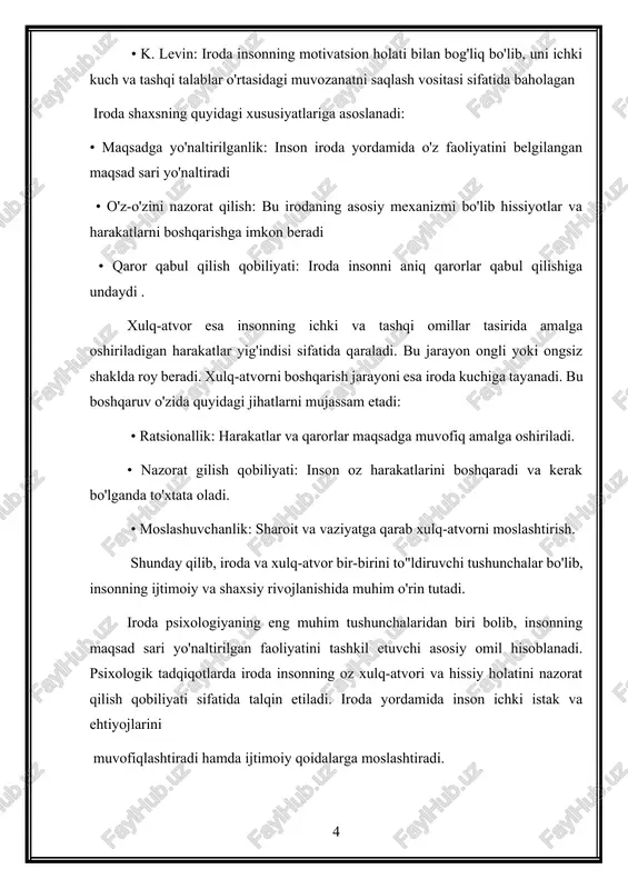 lar: • motivatsiya va iroda o'rtasidagi bog'liqlik. motivatsiya inson faoliyatining sababchisi bo'lsa, iroda ushbu faoliyatni amalga oshirish uchun kuch va qat'iyatni ta'minlaydi. • xulq-atvorning sharoitlarga bog'liqligi. xulq-atvor turli ijtimoiy va psixologik omillarga qarab o'zgaradi, iroda esa ushbu o'zgarishlarni boshqarishda vosita vazifasini bajaradi. taniqli psixolog a.n. leontev fikriga ko'ra, iroda insonning shaxsiyati va maqsadlariga erishish yo'lidagi asosiy kuchdir. bu esa xulq-atvorni boshqarish jarayonida irodaning markaziy o'rinda turishini tasdiqlaydi. xulq-atvor - bu insonning ichki va tashqi muhit ta'sirida namoyon bo'ladigan harakatlari yig'indisidir. bu tushuncha biologik, ijtimoiy va psixologik omillar bilan bog'liq xulq-atvor faqat tashqi harakatlar emas, balki insonning ichki kechinmalari va motivlari bilan ham bog'liqdir. psixologiyada xulq-atvorning quyidagi turlari ajratiladi: • ongli xulq-atvor: bu tur insonga xos bo'lib, maqsad va rejalashtirishga asoslanadi. masalan, reja asosida ishlash yoki oqish • ongsiz xulq-atvor: bu reflekslar va avtomatik harakatlar bilan ifodalanadi. masalan, qo'rqib ketganda to'satdan chekinish. • ijtimoiy xulq-atvor: jamiyat me'yorlariga mos keladigan yoki ularga …