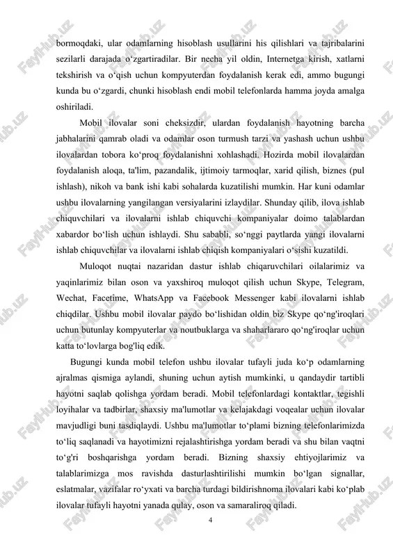 vchilar ta'lim dasturlarini ishlab chiqdilar butun dunyo bo‘ylab hayotga chuqur ta'sir ko‘rsatdi. ushbu ilovalar barcha o‘qituvchilar va o‘quvchilar uchun qadrlidir. elektron kitoblar, elektron kutubxona, taʼlim videolari, taʼlim oʻyinlari va boshqalar bugungi kunda mavjud boʻlib, odatda kutubxonada foydalanish mumkin boʻlgan sifatli oʻquv materiallariga oson kirish imkonini beradi. mobil ilovalar yaratishning dolzarbligi juda yuqori hisoblanadi. bu, ilovani qanday ishga tushirishni o‘rganishdan boshlab, dizayn qilish va o‘z ichiga qo‘shimcha funksiyalar qo‘shishga qadar barcha bosqichlarda muammo yuzaga kela oladi. birinchidan, mobil ilova yaratish uchun kerakli dasturlash tillarini o‘rganish va ularga moslashtirilgan dasturlar yaratish zarur. bu, dasturchining vaqtini va energiyasini talab etadi. ikkinchidan, mobil ilovalarni dizayn qilish ham juda ko‘p vaqt va xarakter talab etadi. ilovaning foydalanuvchilar tomonidan mazmunli vazifalarni bajarishi kerak bo‘ladi. bu esa dizaynerlar va dasturchilar orasidagi ishbirligi bilan amalga oshirilishi kerak. uchunchidan, ilovaga qo‘shimcha funksiyalar (masalan, push-xabarlar) qo‘shish ham yana bir dolzarbligi hisoblanadi. ushbu xizmatlar uchun serverni buyurtma berilishi kerak bo‘ladi, bu …