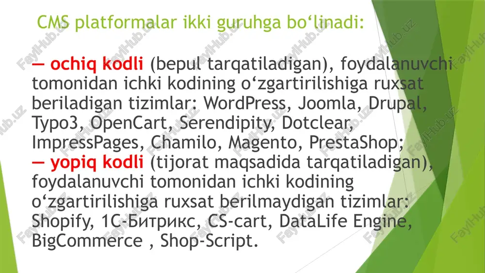 olishini xohlasangiz, juda keng qamrovli katta sayt yaratmoqchi bo‘lsangiz joomla! siz uchun eng yaxshi tanlov bo‘la oladi. 3. simple machines. forum tashkil etish uchun juda qulay cms. unda foydalanuvchilar ro‘yxatdan o‘tishlari, mavzular yaratishlari, mavjud mavzularda o‘z fikrlarini bildirish orqali qatnashishlari va boshqalarning fikrlarini to‘ldirishlari mumkin. bu cms vbulletin kabi katta imkoniyat va kuchga ega bo‘lmasa ham, oddiy darajadan yuqoriroq bo‘lgan katta forum saytlarni bemalol boshqara oladi. forum uchun o‘zbek tilini o‘rnatish imkoniyati mavjud, ammo hozircha o‘zbek tilidagi rasmiy cms ishlab chiqilmagan. tilni faqat dasturga qo‘shimcha kiritish orqali o‘zgartirish imkoni bor. bugungi kunda simple machines forum saytlar uchun yengil ishlashi, o‘rnatilishi uchun ko‘p joy talab qilmasligi va eng asosiysi bepul bo‘lganli sababli ham ko‘p sonli saytlarning tanloviga aylangan. simple machines cms’ni dasturning rasmiy sayti www.simplemachines.org orqali yuklab olishingiz mumkin. agar sayt yaratishni rejalashtirayotgan bo‘lsangiz va o‘z saytingiz uchun qaysi cms to‘g‘ri kelishini bilmayotgan bo‘lsangiz, saytingizning hajmi va u orqali foydalanuvchilar qanday …