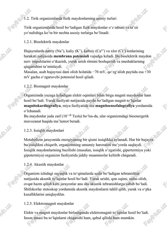 ham sezgir bo‘lib, bu fiziologik holatga ta’sir etadi. 2. elektr va magnit maydonlarning biologik roli 2.1. elektr maydonlarning tirik organizmlar faoliyatidagi o‘rni tirik organizmlarda elektr maydonlarning shakllanishi biologik faoliyatning eng muhim omillaridan biridir. elektr hodisalari tirik to‘qimalarda ionlarning harakati, zaryadlarning ajralishi va potensiallar farqi natijasida vujudga keladi. hujayra membranasi elektr to‘siq bo‘lib xizmat qiladi va uning ikki tomoni orasida elektr potensial farqi mavjud bo‘ladi. shu sababli har bir tirik hujayra kichik bir “batareya” singari o‘z elektr maydoniga ega. asab tizimidagi elektr jarayonlar asab tizimi faoliyatida elektr maydonlar muhim rol o‘ynaydi. neyronlar orasida axborot uzatish bioelektrik impulslar — ya’ni aks potensiallar orqali amalga oshiriladi. dam olish holatida hujayra membranasining ichki tomoni manfiy, tashqi tomoni esa musbat zaryadlangan bo‘ladi. bu dam olish potensiali deb ataladi. qo‘zg‘alish paytida esa ion kanallari ochiladi, natriy ionlari hujayra ichiga kiradi va potensial tezda o‘zgaradi — bu depolarizatsiya jarayoni. keyinchalik kaliy ionlari chiqib ketib, membrana dastlabki holatiga …
