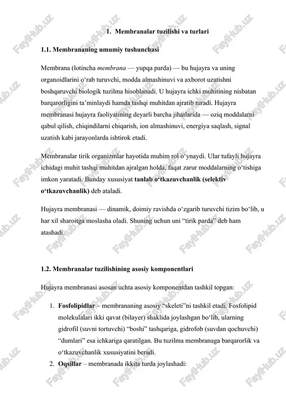 b, hujayraga uzatadi. 4. fermentativ — ayrim fermentlar membranada joylashib, kimyoviy reaksiyalarni tezlashtiradi. 5. energetik — energiya almashinuvida ishtirok etadi (atp sintezi). 2. passiv tashish (diffuziya, osmos, fasilitatsiyalangan diffuziya) 2.1. passiv tashish tushunchasi passiv tashish — bu moddalar energiya sarflanmasdan, ya’ni atp ishtirokisiz, yuqori konsentratsiyadan past konsentratsiyaga qarab harakatlanish jarayonidir. boshqacha qilib aytganda, bu jarayon kontsentratsiya gradienti bo‘yicha o‘tadi. passiv tashish tabiiy jarayon bo‘lib, hujayra tomonidan maxsus energiya talab etilmaydi. u hujayraning ichki muhitini muvozanatda ushlab turishda, gazlar, suv va ba’zi kichik molekulalarning kirib-chiqishida muhim ahamiyatga ega. passiv tashish uch asosiy shaklda amalga oshadi: 1. diffuziya 2. osmos 3. fasilitatsiyalangan (yordamchi) diffuziya 2.2. diffuziya jarayoni diffuziya — bu modda molekulalarining o‘z-o‘zidan yuqori kontsentratsiyadan past kontsentratsiya tomon harakatlanish jarayonidir. masalan, suvga bir tomchi bo‘yoq solinsa, u ma’lum vaqt o‘tib butun suvga teng taqsimlanadi — bu diffuziya hodisasi. biologik jihatdan, diffuziya hujayra membranasi orqali kislorod, karbonat angidrid, yog‘ kislotalari, steroid gormonlar va …