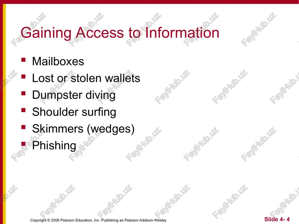 right © 2006 pearson education, inc. publishing as pearson addison-wesley slide 4- * phone phreaking phone phreak: someone who manipulates phone system to make free calls most popular methods steal long-distance telephone access codes guess long-distance telephone access codes use a “blue box” to get free access to long-distance lines access codes posted on “pirate boards” copyright © 2006 pearson education, inc. publishing as pearson addison-wesley slide 4- * the cuckoo’s egg clifford stoll: system administrator at lawrence berkeley laboratory tracked accounting error, discovered unauthorized user hacker was accessing military computers fbi, cia, nsa, afosi, dia joined search trail led to group of west german hackers copyright © 2006 pearson education, inc. publishing as pearson addison-wesley slide 4- * legion of doom elite group of hackers/phreaks recruited by “lex luthor” lod member robert riggs copied e911 document from a bell south computer craig neidorf published edited e911 document in his …