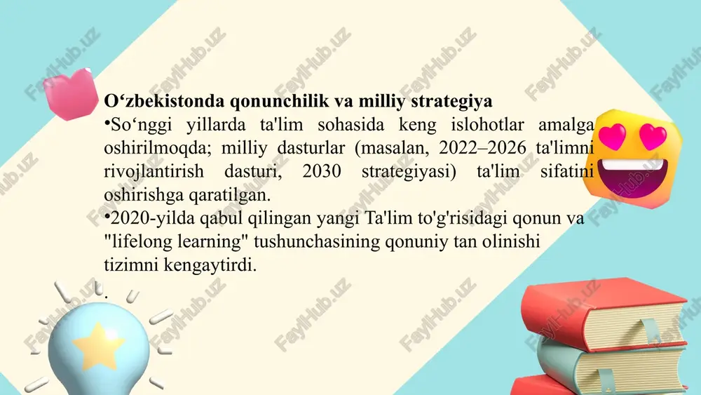 si bo‘lib, o‘zbek tilida kasb-hunar ta’limi va o‘qitish degan ma’noni anglatadi.. 1.7.2013 tarbiyaning umumiy vazifalari ‹#› thank you image1.png image2.svg image3.png image4.png image5.png image6.png image7.png image8.png image9.jpeg image10.png image11.png image12.png image13.png image14.svg image15.png image16.png image17.png image18.png image19.png image20.png media1.mp4 image21.png image22.jpeg image23.png image24.png /docprops/thumbnail.jpeg