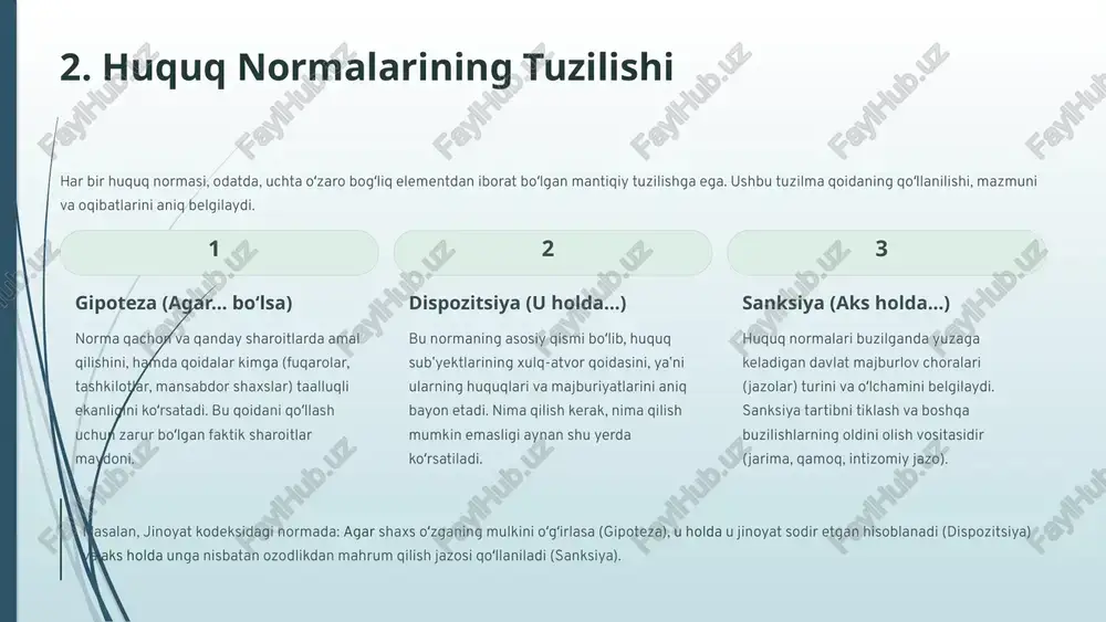 nga intizomiy chora qo‘llaniladi. “belgilangan tartibda soliqlarni to‘lamagan shaxs jarimaga tortiladi.” “ishga sababli sababsiz kelmagan xodimga hayfsan beriladi.” bu jumlalardagi “jarimaga tortiladi” va “hayfsan beriladi” iboralari — sanksiyadir. 6 3.huquq normalarining tasniflanishi huquq normalari turli mezonlarga koʻra tasniflanadi, bu ularning qoʻllanish doirasini va samaradorligini tushunishga yordam beradi. amal qilish muddatiga koʻra doimiy normalar: cheklanmagan muddatga amal qiladi (masalan, oʻzbekiston konstitutsiyasi normalari). vaqtinchalik normalar: muayyan muddatga yoki biror hodisa yuz berguncha belgilangan (masalan, favqulodda holat davrida qabul qilingan qoidalar). hududiy amal qilishiga koʻra umumiy (federal) normalar: butun mamlakat hududida, barcha subʼyektlar uchun bir xil kuchga ega. mahalliy normalar: muayyan maʼmuriy-hududiy birlik (viloyat, tuman) doirasida amal qiladi va umumiy normalarga zid boʻlishi mumkin emas. subʼyektlar doirasiga koʻra umumiy normalar: barcha fuqarolar va yuridik shaxslarga taalluqli. maxsus normalar: faqat muayyan toifadagi shaxslarga yoki munosabatlarga nisbatan qoʻllaniladi (masalan, harbiy xizmatchilar, deputatlar yoki soliq imtiyozlari). normalarni toʻgʻri qoʻllashda ularning amal qilish vaqti, hududi va subʼyekt …