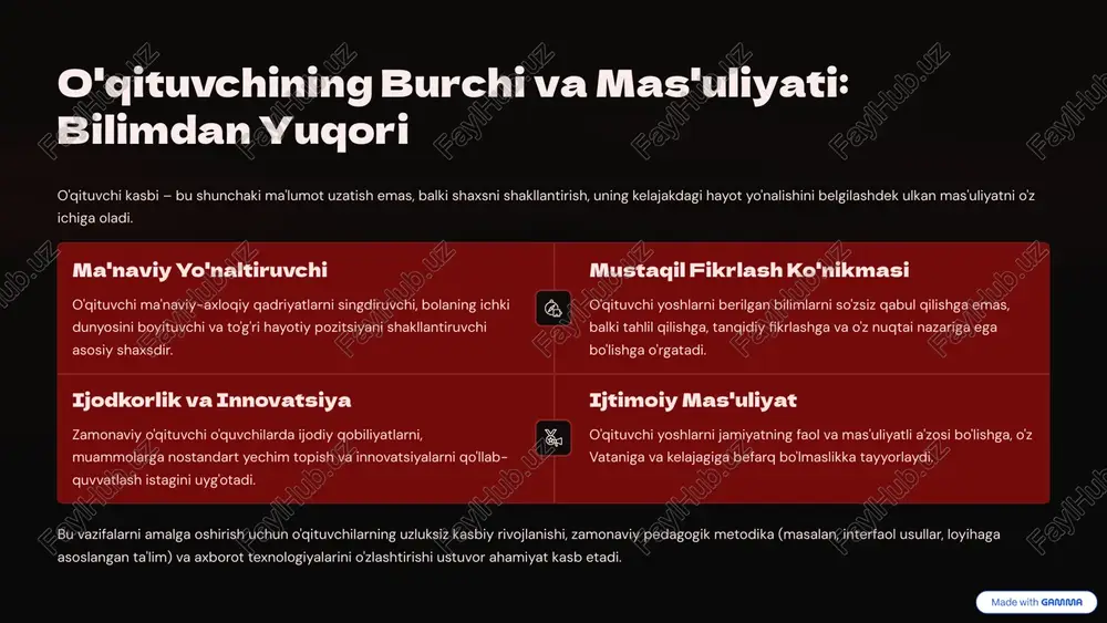 ta'limni rivojlantirishga katta e'tibor berilmoqda. bu yondashuv amaliy ko'nikmalarni rivojlantirishga, tahlil va muammolarni hal qilish qobiliyatini oshirishga xizmat qiladi. innovatsion texnologiyalar ta'lim jarayoniga axborot-kommunikatsiya texnologiyalarini (akt) keng joriy etish, raqamli resurslardan foydalanish va interfaol o'qitish usullarini qo'llash ta'lim samaradorligini oshiradi. ta'lim muassasalari integratsiyasi akademik litseylar va texnikumlarning oliy ta'lim muassasalari bilan uzviy bog'lanishi tizimli va kasbiy ta'limning izchilligini ta'minlaydi. bitiruvchilar uchun oliy ta'limga kirish imkoniyatlari kengayadi. bundan tashqari, aholining oliy ta'limga bo'lgan ehtiyojini qondirish maqsadida sirtqi va kechki ta'lim shakllari kengaytirildi, bu esa ishlash bilan birga o'qish istagida bo'lganlar uchun qulaylik yaratdi. 6 o'qituvchining jamiyatdagi roli va ta'siri o'qituvchi – jamiyatning ma'naviy va ijtimoiy rivojlanishining eng muhim katalizatori. uning ishi butun bir avlodning kelajagini shakllantiradi. ma'naviy poydevor o'qituvchilar orqali milliy madaniyat, qadriyatlar va tarix yosh avlodga yetkaziladi. ular yoshlarning ma'naviy immunitetini mustahkamlaydi va ularni begona ta'sirlardan himoya qiladi. ijtimoiy hayotga tayyorlash o'qituvchi yoshlarni faqat bilim bilan emas, balki muomala madaniyati, …