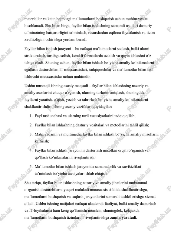 asi fayl – bu kompyuter tizimida ma’lumotlarni saqlash va ularga strukturalangan shaklda murojaat qilish imkonini beruvchi asosiy ma’lumot birligi hisoblanadi. fayl tushunchasi dasturiy muhitda axborotni tizimli ravishda saqlash va uni keyinchalik qayta ishlashni ta’minlash imkoniyatini beradi. har bir fayl ma’lum bir nomga ega bo‘lib, odatda fayl kengaytmasi orqali uning turi aniqlanadi. fayl tizimi (file system) esa kompyuter xotirasida fayllarni tashkil etish, saqlash va ularga murojaat qilish jarayonlarini boshqaradi. fayllar bilan ishlashning asosiy maqsadi quyidagilardan iborat: 1. ma’lumotlarni barqaror saqlash; 2. ma’lumotlarga tezkor va samarali murojaat qilish; 3. turli dasturlar va foydalanuvchilar orasida axborot almashishni ta’minlash; 4. ma’lumotlarni tahlil qilish va qayta ishlash jarayonlarini optimallashtirish. faylni oddiy qilib tushuntiradigan bo‘lsak, u – kompyuter xotirasida saqlanadigan va ma’lumotlarni o‘z ichiga olgan “blok”dir. shu bilan birga, faylning ichidagi ma’lumotlar turli shakllarda bo‘lishi mumkin: matn, raqam, rasm, audio yoki video ko‘rinishida. fayl turlari fayllar bir nechta mezonlar bo‘yicha tasniflanadi: ularning mazmuni, saqlash formati va …