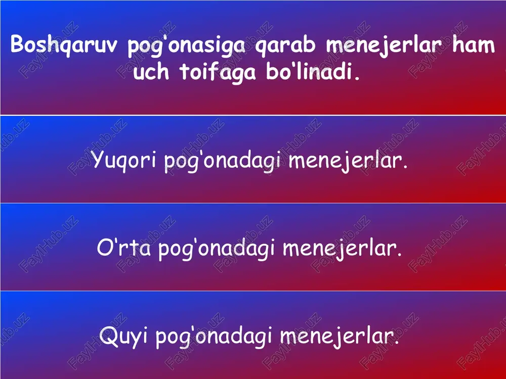 gmatiklar ta’sirchanligi sust bo‘ladi; bir turdagi ishdan ikkinchi turdagi ishga sekinlik bilan ko‘chadilar; faolliklari kam; yangi sharoitda qiyinchilik bilan moslashadilar; harakatlari va nutqlari sust; ko‘ngilsiz hodisa yuz berganda osoyishtaliklarini buzmaydilar; sabr-toqatli chidamli bo‘lib, so‘zlaganda xotirjam, o‘zga shaxslar bilan hayajonlanmay gapiradilar. chidamliligi, matonati, o‘zini tuta bilishi bilan ajralib turadi. xoleriklar xoleriklar – ko‘tarinki ruhda ishlay oladigan, qarshiliklarni enga oladigan kishilar bo‘lib, ularning ishlash zavqi kayfiyatining bo‘zilishi bilanoq tez o‘zgarishi mumkin. ular: serjahl o‘zini yaxshi ko‘radigan tez gapiradigan boshqalardan gapining ohangi o‘zgaruvchanligi bilan ajralib turadilar. xoleriklarning vazminlik darajasi xuddi singviniklarnikidek bo‘ladi. rahbar va boshqa kishilarga nisbatan o‘zini to‘g‘ri tutadi. melanxoliklar: o‘ta ta’sirlanuvchan xususiyatga ega; tez toliqadigan va o‘ziga ishonmaydigan; tashvishsiz, lekin jo‘da sezuvchan; nihoyatda arazchan; juda oz kuladigan; faolligi sust, tortinchoq, kam g‘ayrat; arzimagan sabablarga ko‘zlaridan yosh oqib ketaveradigan; yangi kishilar bilan qiyinchilik bilan til topishadigan kishilardir. shuningdek: melanxoliklar qulay sharoitda oldiga qo‘yilgan masalalarni muvafaqqiyatli bajaradi. agar ishda sharoit, ya’ni vaziyat o‘zgarsa, …