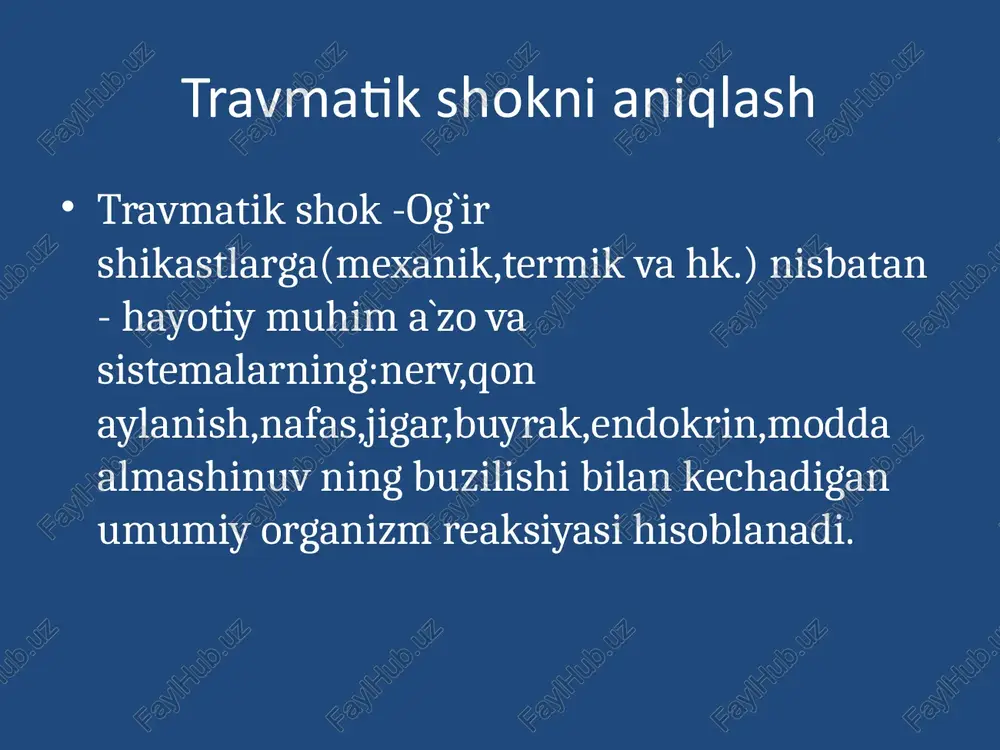 3. kechki (3-4 chi haftadan boshlab) - buyrak faoliyati tiklanadi,yiringli asoratlar va tromboflebitlar,nevritlar,mushak nekrozlari,mushak atrofiyasi va bo`g`im kontrakturasi. uzoq davom etuvchi bosilish sindromi 1. yengil daraja – qo`l oyoqning butunligicha yoki bir qismini 4 soatgacha bosilishi 2. o`rta og`ir daraja – bir qo`l yoki oyoqning 6 soatgacha bosilishi 3. og`ir daraja – bitta qo`l oyoqning 6 soatdan ko`p yoki 2 ta qo`l yoki oyoqning 6 soatgacha bosilishi 4. o`ta og`ir daraja – 2 ta qo`l yoki oyoqning 6 soatdan ham ko`p bosilishi xulosa: 1. istalgan sababli travmatik shok harbiy holatda o`limga olib kelsihhi mumkin 2. erta bosqichdagi diagnistika hamda tezkor davolash yordami o`lim va asoratlarni sezilarli miqdorda kamaytirshi mumkin. /docprops/thumbnail.jpeg