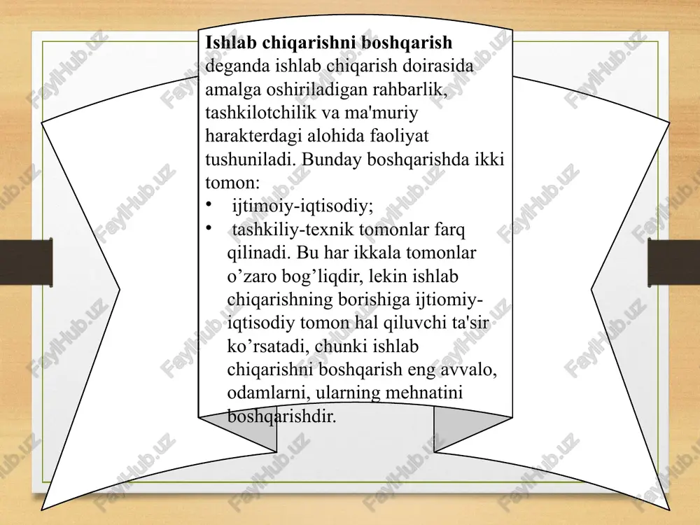 lab chiqarishning har bir bosqichida sifat haqida qayg’urishni anglatadi. shu nuqtai nazardan sifatni boshqarish jarayoni quyidagi bosqichlarni o’z ichiga oladi: ishlab chiqarishgacha - konstruktsiyalash, samarali texnologiyani, standartlarni ishlab chiqish va hk.; ishlab chiqarish jarayonida - bu erda yaroqsiz mahsulotni ishlab chiqarishga yo’l qo’ymaslik; ishlab chiqarishdan keyingi bosqich - saqlash, sotish, tashish, xizmat ko’rsatish va boshqa jihatlar ustidan qattiq nazoratni o’rnatish. sifatni nazorat qilish ham uch bosqichdan iborat: kelayotgan xom-ashyo, materiallar, yarim fabrikatlar va butlovchi qismlarni tekshirishdan iborat bo’lgan kirish nazorati; ishlab chiqarish jarayonida mahsulotlar parametrlarni tekshirishdan iborat ehtiyot yoki joriy nazorat; tayyor mahsulotni tekshirishga qaratilgan qabul qilish nazoratlariga bo’linadi. sifatni nazorat qilish - mahsulot sifati ko’rsatkichlarining belgilangan talablarga muvofiqligini tekshirishdir. nazorat savollari 1. ishlab chiqarishni boshqarish mazmuni va mohiyatini tushuntiring. 2. ishlab chiqarishni boshqarishda ob'ekt va sub'ekt tushunchalari. 3. ishlab chiqilgan mahsulot sifatini boshqarish qanday amalga oshiriladi? 4. sifat menejmenti nima? 5. sifatni nazorat qilish bosqichlari image5.png image6.png image3.png image4.png …