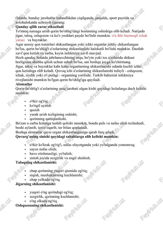 emordan rentgen va ultratovush tekshiruvi, kompyuter tomografiyasi yoki laparoskopiya talab qilinadi. bu bemor uchun operatsiya zarur yoki yo'qligini aniqlash uchun amalga oshiriladi. kamroq jiddiy shikastlanish to'shakda dam olishni tayinlash, sovuq bilan davolash, shish, ko'karishlar va aşınmaların yo'q qilinishiga olib keladi - fizioterapiya. unutmangki, qorin bo'shlig'i og'irlashgandan keyin keyinchalik asoratlar rivojlanishi mumkin. eng keng tarqalganlardan biri mushaklarning yorilishidan keyin hosil bo'lgan churra. ko'karishning eng xavfli oqibati ichki qon ketishdir. u har doim bemorning hayotiga bevosita tahdid sifatida qaraladi. jarrohlikdan so'ng peritonit kabi asoratlar tez-tez uchraydi. ushbu yallig'lanish qon zaharlanishiga olib kelishi mumkin va bemor uchun o'lim bilan yakunlanishi mumkin. qorin bo'shlig'idagi har qanday kontuziya shoshilinch tibbiy yordamni talab qiladi. hatto yuqori malakali birinchi yordam ko'rsatilsa ham, bunday buzilishlar ultratovush tekshiruvini talab qiladi. axir, hech kim qorin bo'shlig'ida patologik tabiatdagi biron bir jarayonning mavjudligini aniq bilmaydi. faqat yo'llar zamonaviy diagnostika nafaqat bemorning sog'lig'ini turli asoratlardan, balki ko'pincha uning hayotidan ham qutqarishga qodir. …