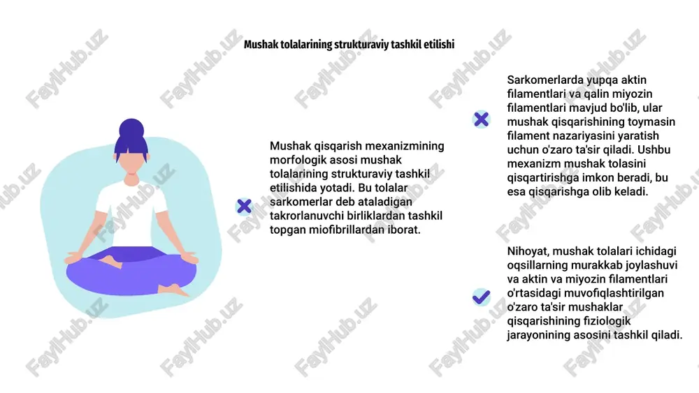 oslarida hal qiluvchi rol o'ynaydi. mushaklarning qisqarishida ishtirok etadigan tartibga soluvchi oqsillarga tropomiyozin va troponin kiradi, ular aktin va miyozin filamentlari o'rtasidagi o'zaro ta'sirni nazorat qilish uchun birgalikda ishlaydi. ushbu tartibga solish mushaklarning qisqarishini aniq muvofiqlashtirish imkonini beradi. mushaklar qisqarishida tartibga soluvchi oqsillarning rolini tushunish mushaklarning funktsiyasi va harakatini boshqaradigan mexanizmlarni tushunish uchun juda muhimdir. aktin va miyozin o'rtasidagi o'zaro ta'sirni tartibga solib, bu oqsillar mushaklarning samarali qisqarishini ta'minlaydi. e’tiboringiz uchun rahmat