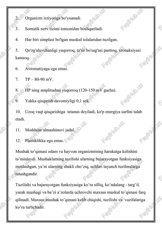 lari tana, qoi, oyoq, bo'yin sohasining ven­tral miotomlaridan rivojlanadi. embrion taraqqiyoti natijasida har bir miotomdan bir nechta mushak taraqqiy etadi. aksincha, ba'zi mushaklar bir necha miotomning o'zaro birikishidan hosil bo'lishi ham mumkin (qorin mushaklari, ikki qorinchali mushak). taraqqiyot jarayonida o'z joyida qoladigan mushaklar guruhiga xususiy, autaxton mushaklar deyiladi. orqaning chuqur guruh mushaklari, ko'krak qafasining xususiy mushaklari autaxton mushaklarga misol boia oladi. ventral miotomlarning taraqqiyot jarayonida qo'l yoki oyoqdan tanaga ko'chib qolgan mushaklarga trunkopetal mushaklar deyiladi. trunkopetai mushaklarga ko'krak va orqaning xususiy mushaklarini ustki tomondan qoplagan m. pectorales major et minor, m. latis-simus dorsi mushaklari misol bo'la oladi. ventral miotomlarining taraqqiyoti jarayonida tanadan va kalladan qo'l yoki oyoq mushaklarining harakatini ta'minlashga ko'chgan mushaklarga trunkofugal mushaklar deyiladi. trunkofugal mushaklarga kalladan ko'chgan m. sternocleidomastoideus, m. trapezius va lanadan ko'chgan m. rhomboideus, m. levator scapulae, m. serratus anterior, m. subclavius, m. omohyoideus mushaklari misol bo'la oladi. silliq muskul to’qimasi silliq muskul to’qimasi hujayra tuzilishiga …
