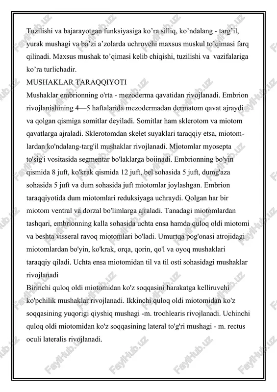lari rivojlanadi. orqaning yuzaki mushaklari tana, qoi, oyoq, bo'yin sohasining ven­tral miotomlaridan rivojlanadi. embrion taraqqiyoti natijasida har bir miotomdan bir nechta mushak taraqqiy etadi. aksincha, ba'zi mushaklar bir necha miotomning o'zaro birikishidan hosil bo'lishi ham mumkin (qorin mushaklari, ikki qorinchali mushak). taraqqiyot jarayonida o'z joyida qoladigan mushaklar guruhiga xususiy, autaxton mushaklar deyiladi. orqaning chuqur guruh mushaklari, ko'krak qafasining xususiy mushaklari autaxton mushaklarga misol boia oladi. ventral miotomlarning taraqqiyot jarayonida qo'l yoki oyoqdan tanaga ko'chib qolgan mushaklarga trunkopetal mushaklar deyiladi. trunkopetai mushaklarga ko'krak va orqaning xususiy mushaklarini ustki tomondan qoplagan m. pectorales major et minor, m. latis-simus dorsi mushaklari misol bo'la oladi. ventral miotomlarining taraqqiyoti jarayonida tanadan va kalladan qo'l yoki oyoq mushaklarining harakatini ta'minlashga ko'chgan mushaklarga trunkofugal mushaklar deyiladi. trunkofugal mushaklarga kalladan ko'chgan m. sternocleidomastoideus, m. trapezius va lanadan ko'chgan m. rhomboideus, m. levator scapulae, m. serratus anterior, m. subclavius, m. omohyoideus mushaklari misol bo'la oladi. silliq muskul to’qimasi silliq …