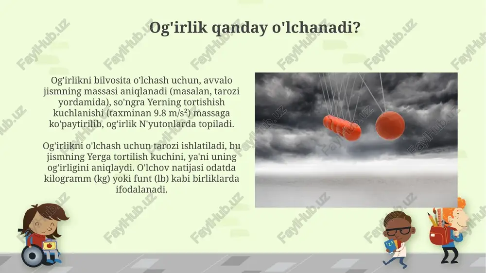 mc^2 tenglamasida ko'rinadi, bunda massa (m) energiya (e) va yorug'lik tezligi (c) orqali bog'langan, lekin joylashuvi ta'sir qilmaydi. massa qanday o'lchanadi? massani o'lchashda tarozi yordamida noma'lum ob'ektning og'irligini standart og'irliklar bilan solishtirish orqali amalga oshiriladi. bu balanslash prinsipi 1 kilogrammlik tosh bilan taqqoslash imkonini beradi. massani o'lchash uchun inertial usul ham mavjud bo'lib, bu jismning tezlanishga qarshiligini aniqlashga asoslangan. nyutonning 2-qonuni (f=ma) ga ko'ra, massani kuch va tezlanish orqali hisoblash mumkin. massa nima? massani og'irlik bilan adashtirmaslik kerak, garchi ular yer yuzida ko'pincha bog'liq bo'lsa ham. og'irlik - bu gravitatsiyaning massaga ta'siri, 9.8 m/s² standart qiymatida hisoblanadi. massa - bu jismning inertsiyasining o'lchovidir, uning tezlanishga qarshilik ko'rsatish qobiliyati. katta massali jismni 1 m/s² tezlikda tezlashtirish uchun ko'proq kuch (nyutonlarda) talab etiladi. e'tiboringiz uchun rahmat image7.jpg image8.jpg image9.jpg image10.jpg image11.jpg image12.jpg image13.jpg image14.jpg image15.jpg image16.jpg image17.jpg image18.jpg image19.jpg image20.jpg image21.jpg image22.jpg image23.jpg image5.png