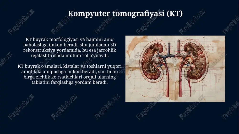 ansplantatsiyasidan keyin rad etishni aniqlash uchun muhim hisoblanadi, ayniqsa kreatinin darajasi 0.5 mg/dl dan oshganda, rad etishning 90% dan ortig'ini aniqlaydi. qonning biokimyoviy tahlili qonning biokimyoviy tahlili kreatinin darajasini aniqlaydi; normal qiymatlar 60-110 mkmol/l bo'lib, buyrak funktsiyasining pasayishi bu ko'rsatkichning oshishiga olib keladi. siydik kislotasi darajasi muhim; erkaklarda 210-420 mkmol/l, ayollarda 150-350 mkmol/l normasi bo'lib, yuqori ko'rsatkich podagrani ko'rsatishi mumkin, bu buyraklarga ta'sir qiladi. buyrak rentgenografiyasi oddiy rentgen tekshiruvi buyrakdagi 5 mm dan katta bo'lgan rentgen-kontrastli toshlarni aniqlash uchun ishlatiladi, ammo kichikroq yoki radiolusent toshlarni aniqlay olmaydi. kontrast modda ishlatilgan holda rentgen tekshiruvi (ivp) buyraklarning filtratsiya qobiliyatini va siydik yo'llarining tuzilishini baholash uchun qo'llaniladi. e'tiboringiz uchun rahmat image6.jpg image7.jpg image8.jpg image9.jpg image10.jpg image11.jpg image12.jpg image13.jpg image14.jpg image15.jpg image16.jpg image17.jpg image18.jpg image19.jpg image20.jpg image21.jpg image22.jpg image4.jpeg