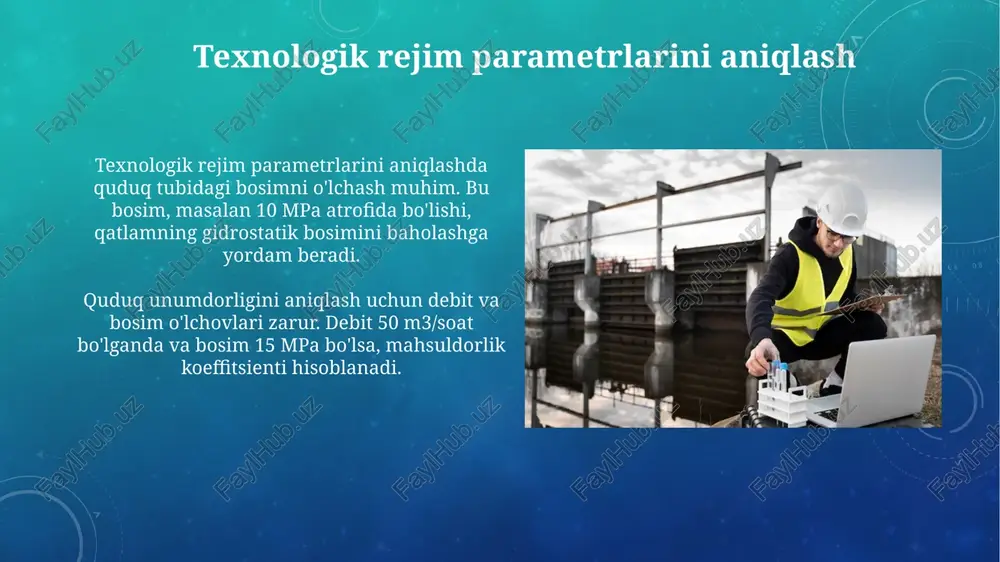 ralari, monitoring chastotasi va oʻlchov aniqligi mavjud. energiya samaradorligi "energiya samaradorligi" davlat dasturlari orqali qo'llab-quvvatlanadi, bunda energiya tejamkor uskunalarni o'rnatish uchun subsidiyalar beriladi va 30% gacha xarajatlar qoplanadi. energiya samaradorligini oshirish uchun texnologik yechimlar qo'llaniladi, jumladan, issiqlikni qayta tiklash tizimlari orqali energiya sarfini 15-20% ga kamaytirish imkoniyati yaratiladi. kirish "kirish" atamasi neft va gaz sanoatida quduqni ishga tushirish, uning unumdorligini oshirish maqsadida amalga oshiriladigan birinchi jarayonni anglatadi, bu esa 10-20% ga ko'payishi mumkin. "kirish" davrida quduqning geologik tuzilishi, bosim, harorat kabi ma'lumotlar to'planadi va tahlil qilinadi, bu esa 72 soatgacha davom etishi va muhim qarorlar qabul qilishga yordam beradi. e'tiboringiz uchun rahmat image2.png image5.jpg image6.jpg image7.jpg image8.jpg image9.jpg image10.jpg image11.jpg image12.jpg image13.jpg image14.jpg image15.jpg image16.jpg image17.jpg image18.jpg image19.jpg image20.jpg image21.jpg