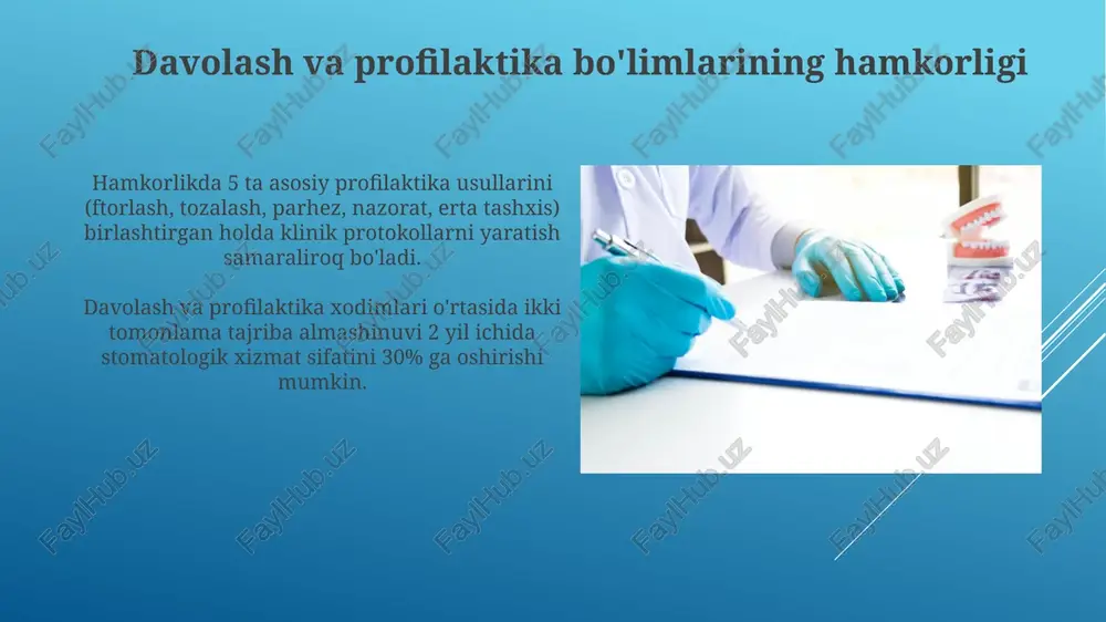 hlov berish va og'iz gigienasi bo'yicha ta'lim, tish kasalliklarining oldini olishga yordam beradi. profilaktika stomatologiyasi bo'limining vazifalari profilaktika stomatologiyasi bo'limi og'iz bo'shlig'i kasalliklarini erta aniqlash uchun skrining dasturlarini amalga oshiradi, bunda tish kasalliklari indeksi baholanadi. bo'limning vazifasi og'iz gigienasi ko'nikmalarini shakllantirish, bemorlarga individual gigiena vositalarini tanlash bo'yicha maslahatlar berish va 0-18 yoshgacha bo'lgan bolalarga fluor preparatlarini qo'llashdir. kirish kirish qismida, mavzu bo'yicha 10 dan ortiq asosiy adabiyotlar tahlili berilib, stomatologiya sohasidagi yutuqlar va muammolar ochib berilishi kerak. kirishda, tadqiqotning maqsad va vazifalari aniq ifodalanishi lozim, bu esa tish kasalliklarini oldini olish va davolashdagi 2 asosiy yo'nalishni qamrab oladi. e'tiboringiz uchun rahmat image2.jpg image3.jpg image4.jpg image5.jpg image6.jpg image7.jpg image8.jpg image9.jpg image10.jpg image11.jpg image12.jpg image13.jpg image14.jpg image15.jpg image16.jpg image17.jpg image18.jpg