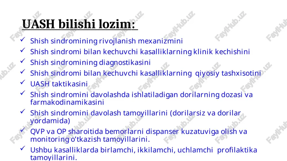 jismoniy zo’riqishga chidamlilik kamayadi, katta yoki kichik qon aylanish doiralarida uncha kuchli bo’lmagan gemodinamik buzilishlar, bo’g’olish xurujlari, ikkilamchi o’pka gipertenziyasining rentgenografik, ayrim hollarda ekg belgilari, shishlar paydo bo’lishi va jigarni biroz kattalashishi kuzatiladi. kardiomegaliya va hilpillovchi aritmiya ushbu bosqichning asosiy belgisi bo’lishi mumkin. iib bosqich syy ning klinik belgilari tinch holatda ham yaqqol namoyon bo’ladi, katta hamda kichik qon aylanish doiralarida kuchli gemodinamik buzilishlar kuzatiladi. yurak astmasi xurujlari tez – tez qaytalanadi. doimiy periferik yoki bo’shliqlarda qaytalanuvchi shishlar paydo bo’ladi. jigar turg’un kattalashadi va davolash natijasida biroz kichrayadi, lekin o’z holiga qaytmaydi. iii bosqich biroz harakat yoki tinch holatda ham og’ir gemodinamik siljishlar, a’zo va to’qimalardagi chuqur, qaytmas distrofik o’zgarishlar hamda modda almashinuvini buzilishi kuzatiladi. nyu – york kardiologlari uyushmasi tomonidan qabul qilingan syy tasnifi i- sinf belgilarsiz chap qorincha disfunksiyasi: yurak kasalliklari bilan og’rigan bemorlarda jismoniy harakatlar chegaralanmagan ii- sinf yengil yurak yetishmovchiligi: : yurak kasalliklari bilan og’rigan bemorlarda …