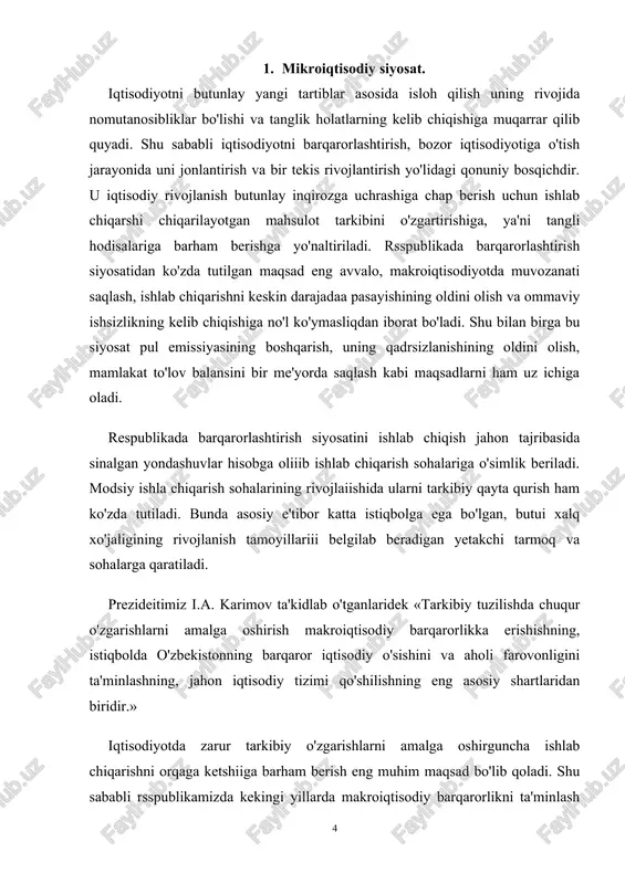 ish talablari ham hisobga olinadi. iqtisodiyot tuzilishidaga o'zgartirshilar, chetdan mahsulot olib kelishi qisqarishi, xalq xo'jaligi xom ashyo yetishtirishga qaraltilgan bir tomonlama yo'nalishini bartaraf etishi va uning eksport imkoniyatlarini kengaytirish, tarmoqlar ichidaga va xududiy jihatdan vujudga kslgai nomutanosibliklarni bartaraf etish asosida iqtisodiyotning mutanosib va barqaror rivojlanishini ta'minlash vazifalarini hal etish bilan bog'liqdir. shu vazifalardan kelib chiqib, iqtisodiyot ichki tuzishidagi o'zgarishlar respublikaning energetika va oziq-ovqat mustaqilligini ta'minlovchi tarmoqlarni rivojlantirishga qaratiladi. bunda birinchi navbatda eng muhim o'zak tarmoqlarni neft va gaz sanoatini, energetikani, rangli metallurgaya sanoatini, mashinasozlik majmuasini, qishloq xo'jalik va agrosanoat majmuasining boshqa sohalariga rivojlantirishga ustunlik beriladi. xalq xo'jaligining takror ishlab chiqarish tuzilishini tubdan o'zgartirish asosida umumiqtisodiy barqarorlikka erishishda iste'mol bilan jamg'arish fondi o'rtasida eng maqbul mutanosiblikni ta'minlash asosiy o'rin tutadi. iste'mol fondining eng maqbul darajasiga erishish ichki bozorda talab bilai taklif o'rtasida nomutanosiblikni ta'minlash muhim rol o'ynaydi. shu sababli davlat eng muhim makroiqtisodiy takror ishlab chiqarish nisbatlarini tartibga solib turuvchi omillarga …