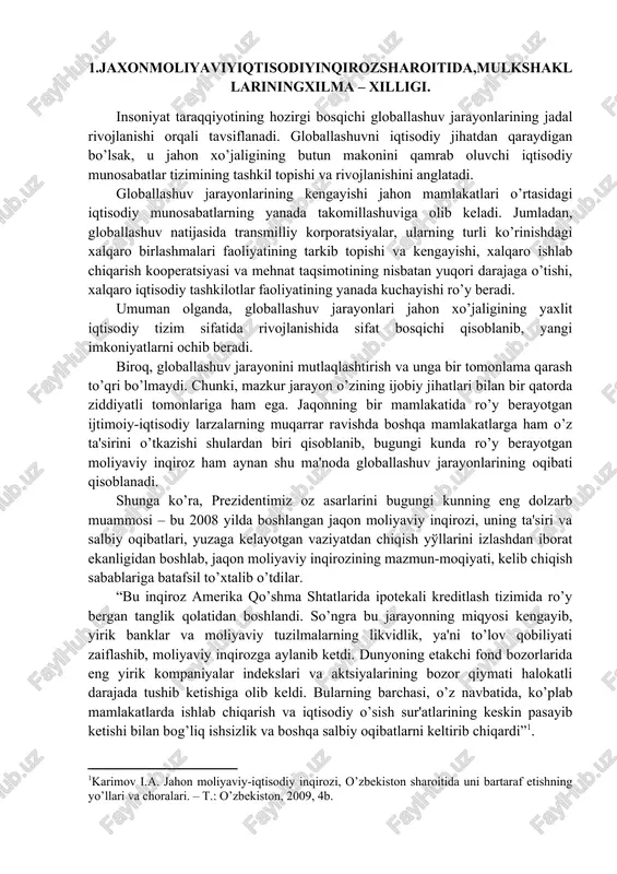 diy inqirozi, o’zbekiston sharoitida uni bartaraf etishning yo’llari va choralari. – t.: o’zbekiston, 2009, 4b. ] bundan ko’rinadiki, dastlab aqsh ipoteka bozorlarida namoyon bo’lgan mazkur inqiroz etarlicha to’lov layoqatiga ega bo’lmagan, qarzlarni qaytarish qobiliyati shubhali bp’lgan qarzdorlarga ipoteka kreditlari berish amaliyotining jadallashuvi natijasida ro’y berdi. modomiki, ipoteka krediti o’zining moqiyati bo’yicha ko’chmas mulk garovi hisobiga beriladigan kreditlar bo’lsada, aqsh bozorlari bunday likvidli ko’chmas mulklarga etarlicha «to’yindi» va ularning narxlari keskin tusha boshladi. buning ustiga investitsion banklarning aqsh ipoteka bozorlaridagi yangi moliyaviy «mahsulot» hisoblangan aktivlarni sekyuritizatsiyalash bo’yicha operatsiyalarining avj olishi ipoteka bozorlaridagi tanazzullik holatlari eqtimolligini oshirdi. aqsh iqtisodiyoti yaratilgan shart-sharoitlar tufayli arzon kredit resurslariga to’yindi va bu federal zaxira tizimi (fzt) amalga oshirayotgan pul-kredit siyosatini o’zgartirishiga olib keldi. natijada 2004-2006 yillarda federal zaxira tizimi foiz stavkalarni 6,25% gacha ko’tardi. kreditlarning qimmatlashuvi aholini ipotekaga nisbatan talabining pasayishiga va kreditlarni qaytarish bo’yicha qarzdorlar to’lovining qisqarishiga olib keldi. boshqa tomondan, oziq-ovqat maqsulotlari va energiya …