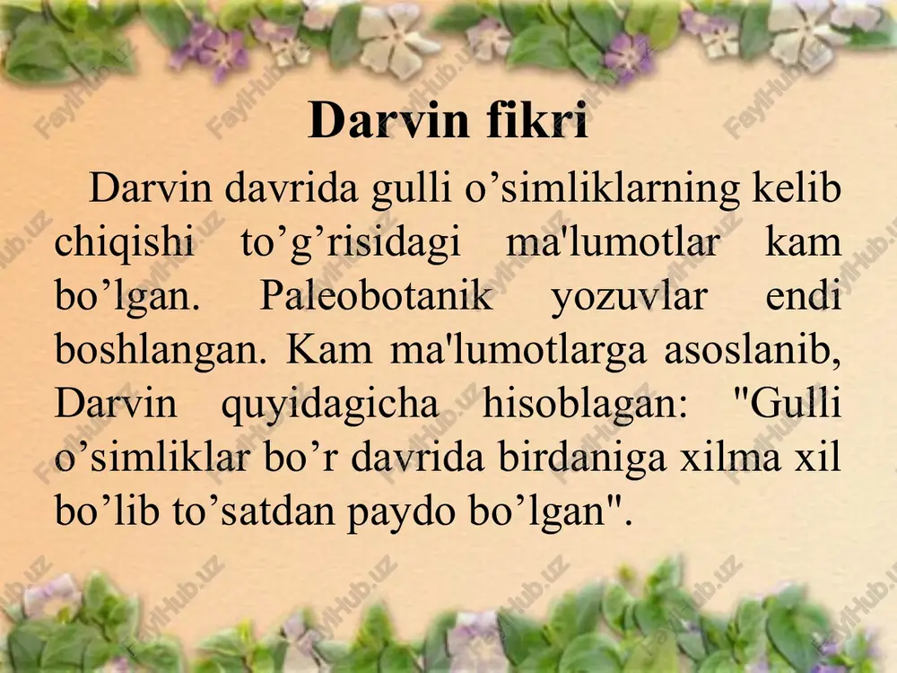mbiyli bitta halqadan iborat. - ikkilamchi yo’g’onlashish bor. - po’stlog’i va o’zagi aniq ajralib turadi. - barglarida barg bandi va yaprog’i yaxshi ixtisoslashgan. - bargining ustki va ostki tomonlari aniq farqlanadi. - bargining tomirlanishi – to’rsimon (patsimon, panjasimon). - gullari 5 yoki 4 a'zoli. - changlanish usuli xilma-xil, ko’proq - hasharotlar orqali. - gulqo’rg’oni murakkab (ikki xil a'zoli: gulkosacha va gultojdan iborat). - murtagi 2 urug’pallali. sinfning klassifikasiyasi 8 ta kenja sinfga bo’linadi (128 qabila, 429 oila, 10 ming turkum va taxminan 190 ming turni o’z ichiga oladi): 1-k/s. magnoliyakabilar (magnoliidae). 2-k/s. ayiqtovonkabilar (ranunculiidae). 3-k/s. temirdaraxtkabilar (hamameliidae). 4-k/s.chinnigulkabilar (cariophilliidae). 5-k/s. dilleniyakabilar (dilleniidae). 6-k/s. ra’nokabilar (rosiidae). 7-k/s.yalpizkabilar(lamidae) 8-k/s. qoqio’tkabilar (asteriidae). gulli o’simliklarning kelib chiqishida 2 xil fikrlar bor: 1. monofilitik yo’l - gulli o’simliklar bitta qadimgi ajdoddan kelib chiqqan deyiladi. (akad.taxtadjyan) polifilitik yo’l - gulli o’simliklar bitta o’simlikdan emas, balki bir necha qadimiy ajdodlardan kelib chiqqan. yopiq urug’lilarning kelib chiqishi haqida …