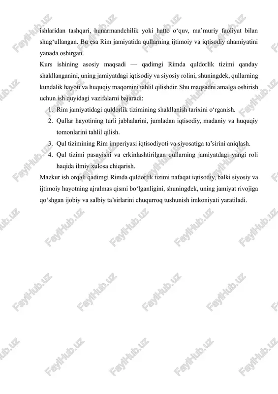 a iqtisodiy tuzilishini belgilovchi asosiy institut sifatida shakllangan. u o‘zining tarixiy rivojlanishi davomida bir necha asosiy bosqichlardan o‘tgan bo‘lib, har bir davrda ijtimoiy tabaqalanish va iqtisodiy munosabatlarning o‘ziga xosligini namoyon qilgan. qul tizimining dastlabki shakllanishi qadimgi rimning dastlabki davrlarida (miloddan avvalgi viii–v asrlar) quldorlik tizimi primitiv shaklda mavjud bo‘lgan. bu davrda qullar asosan urushlardan asir olinganlar yoki qarz to‘lay olmagan fuqarolar bo‘lgan. ularning roli asosan qishloq xo‘jaligi va oilaviy xizmatlarga qaratilgan. rimning dastlabki jamiyatida erkin va qullar o‘rtasidagi farq juda aniq bo‘lmagan bo‘lsa-da, bu bosqichda quldorlik tizimi ijtimoiy tabaqalashuvning asosiy omili sifatida shakllana boshlagan. respublik davrida quldorlik tizimi miloddan avvalgi v–i asrlarda rim respublikasi davrida quldorlik tizimi yanada murakkablashgan. ushbu davrda quldorlik nafaqat iqtisodiy mehnat manbai, balki siyosiy va harbiy institut sifatida ham rivojlangan. qullar urushlardan asir olinganlar, jinoyat tufayli qulga aylanganlar yoki qarz majburiyatini bajara olmagan shaxslar bo‘lgan. shu davrda qullar ikki asosiy guruhga bo‘lingan: 1. shaxsiy qullar — …