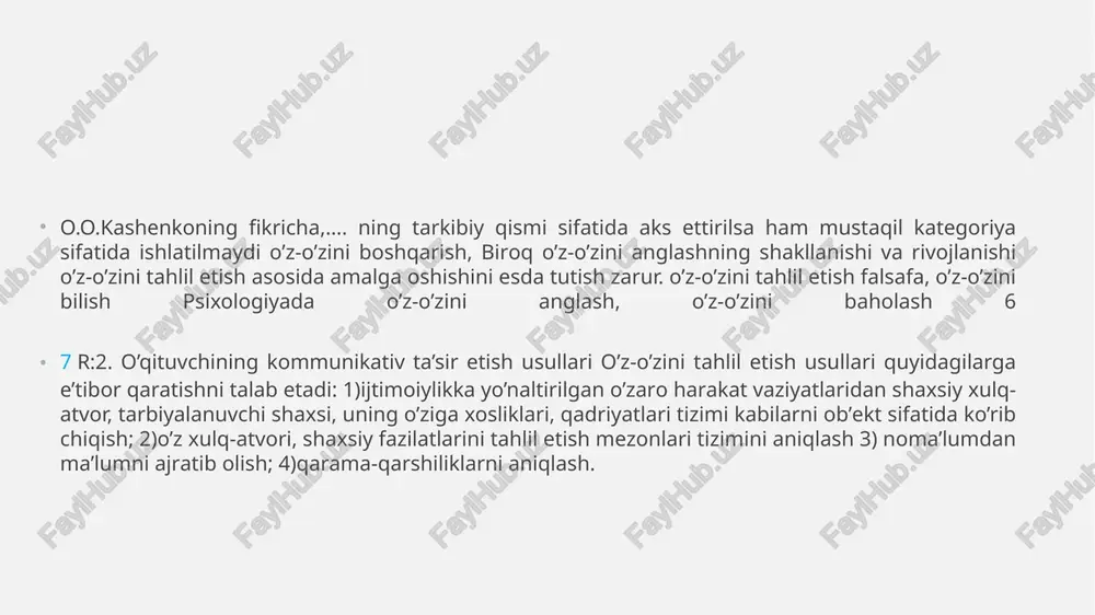 h uchun o‘qituvchi:  o‘quvchilar bilan bo‘lajak munosabatni modellashtira olishi;  munosabatda bo‘ladigan sinf jamoasi xususiyatlarini oldindan bilishi;  bevosita samimiy va hamjihatlikka asoslangan munosabat o‘r­natish;  munosabatda ustunlikka ega bo‘lib, uni demokratik talablar aso­sida oqilona boshqarish;  munosabatning ijobiy va salbiy jihatlarini uzluksiz tahlil etib borishi lozim. 17 18 o‘qituvchi kasbiy mahoratida muhim ahamiyatga ega bo‘lgan insoniy fazilat hamda xushmuomalalikni o‘zida shakllantirishi uchun muntazam faoliyat olib borishi zarur. o‘qituvchi pedagogik faoliyatiga oid shaxsiy o‘z-o‘zini tarbiyalashning o‘zaro fikr almashish va aloqador­likka doir quyidagi tizimlarini tavsiya etish mumkin. 18 image1.png /docprops/thumbnail.jpeg
