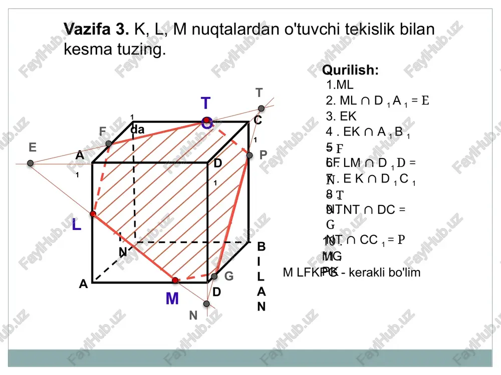 . t f 5. t f ∩ b 1 b = k k 6. m k ∩ aa 1 = l l 7. l h nt f m l - kerakli bo'lim a in bilan s 5-topshiriq . berilgan k, m, p, p∈abc nuqtalaridan o‘tuvchi tekislik bo‘yicha kesma tuzing to m r qurilish: a in bilan s 5-topshiriq . berilgan k, m, p, p∈abc nuqtalaridan o‘tuvchi tekislik bo‘yicha kesma tuzing to m r e n f qurilish: 1. km 2. km ∩ ca = e 3. e r 4 . ep ∩ ab = f ep ∩ b c = n 5 . m f 6 . n k km fn - kerakli bo'lim e'tiboringiz uchun rahmat! image3.jpeg image4.jpeg /docprops/thumbnail.jpeg