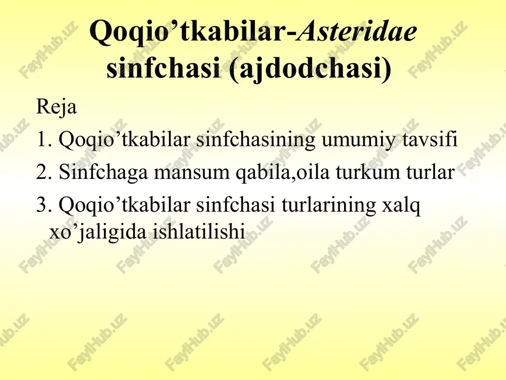 timetrov. lish izredka korzinki krupnee — diametrom do 10—15 sm,  a u podsolnechniki oni dostigayut v poperechnike razmera bolshogo blyuda — do 60 sm.  v to je vremya u mnogix poliney korzinki kroshechnie — v visotu i v shirinu vsego 2—4 mm. company logo www.themegallery.com tussilago farfara (mat-i-machexa), otxarkivayushee sredstvo qoqio‘t ‒ taraxacum. turkumiga ko‘p yillik, ikki yillik ba’zan bir yillik, o‘q ildizli, hamma qismida sut-shira saqlovchi o‘simliklar kiradi. bu turkumning o‘zbekistonda 26 ta turi o‘sadi. helianthus. turkumiga bir yillik va ko‘p yillik o‘tlar va ba’zi tuganakli o‘tlar kiradi. kungaboqarning yer sharida 55 ta turi bo‘lib, o‘zbekistonda ikki turi o‘sadi. kungaboqarlarning gullari yirik savatchalarda o‘rnashgan. savatchasining markazidagi gullari ikki jinsli, naychasimon, savatchasining chetidagi gullari soxta ipsimon tuzilishga ega. mevasi pista, undan moy olinadi. urug‘laridagi moyning miqdori 35-46 % atrofida. arctium-qariqiz-lopux polin gorkaya (stimuliruet appetit) dorivor moychechak- matricaria-romashka lekarstvennaya helichrisum maracandicum pijma obiknovennaya mnogoobrazie slojnotsvetnix * bolshinstvo slojnotsvetnix tsvetut …