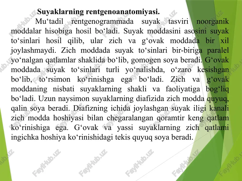 20 suyak tuzilishi suyak boshlig'i qizil ilik bilan to'ldirilgan. 12-15 yoshgacha sariq ilikga aylanadi. organizmda qizil ilik og'irligi – 1500 sm³. osteotsitlar – etuk, bo'linmaydigan, gomestazni ta'minlaydigan hujayralar. osteoblastlar – yosh suyak hosil qiluvchi hujayralar. osteoklastlar – emiruvchi hujayralar. suyak to'qimasining morfologik tarkibi hujayraviy elementlar hujayralararo moddasi tolalar asosiy modda (70% - mineral komponentlar) osteon kanali osteon tuzulishi osteotsitlar osteon plastinkasi g'alvirsimon modda (20%) kompakt modda (skelet hajmining 80% ) oyoqning g'ovaksimon suyagi plastinkalarida bosim kuchining taqsimlanish sxemasi qisqarishish kuchlari yozilish kuchlari qon deposi. qizil ilik. biologik mineral komponentlar deposi to'qimaning : 99% — kaltsiy 87% — fosfor 50% — magniy skelet vazifasi ximoya tayanch lokomotor ressor biologik - metabolizm, qon hosil etish ximoya tayanch lokomotor-ressor suyakning yoshi (suyaklanish muddati va darajasiga ko'ra baholanadi) ilmoqsimon – 1 yoshda, uch yuzli – 3 yoshda, yarimoysimon – 4 yoshda, eshkaksimon - 6 yoshda, trapetsiyasimon – 7 yoshda, noxotsimon – 12 yoshda osteoporoz …