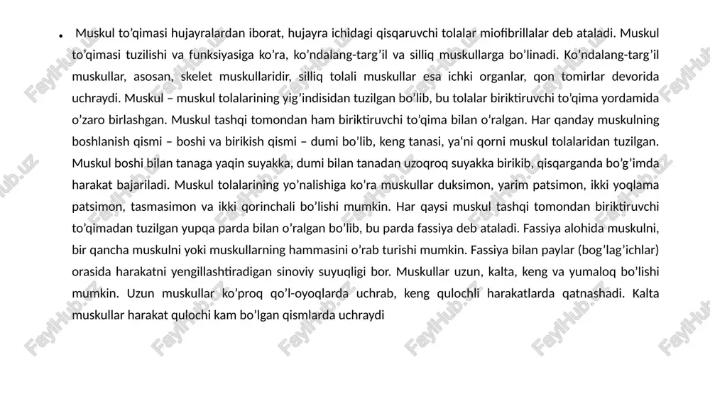 mezodermaning orqa-chetki qismidagi somitlardan hosil bo`ladi. bunda dastlab hayot uchun eng zarur: til, lab, diafragma, qovurg‗alararo muskullar, so`ngra qo`l, gavda va oyoq muskullari rivojlanadi. bola tug`ilganda barcha muskullari bo`lsa-da, ular mayda va rivojlanmagan bo`ladi. ular bolaning hayoti davomida rivojlanib, odamning 25 yoshida to`liq shakllanadi. muskullarning rivojlanishi skeletning taraqqiy etishiga va bola qaddi-qomatining shakllanishiga sababchi bo`ladi. yangi tug`ilgan bola muskullarining vazni tana vaznining – 23,3% ini, 8 yoshda – 27,2% ini, 12 yoshda – 29,4% ini, 15 yoshda – 32,6% ini, 18 yoshda – 44,2% ini tashkil etadi. 1 yoshda yelka kamari, qo`l muskullari yaxshi rivojlanadi. bola yura boshlashi bilan orqadagi uzun muskullar, dumba muskullari tez o`sadi. 6–7 yoshdan boshlab qo`l panja muskullari, 12–16 yoshda yurishyugurish uchun zarur muskullar rivojlanib boradi. bolalarda bukuvchi muskullarning tarangligi yuqoriroq bo`lib, bular yozuvchi muskullarga nisbatan tezroq rivojlanadi yosh ortishi bilan muskullarning kimyoviy tarkibi, tuzilishi ham o`zgarib boradi. bolalar muskulida suv ko`p bo`ladi. muskullarning rivojlanishi bilan …