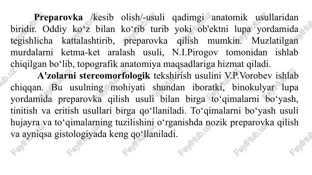 nervlarni ajratgan. muskullar qisqarishini o‘rganib, harakat nazariyasini barpo qilgan. klavdiy galen (131-201 yillarda yashagan) rim olimi, o‘z davrining ko‘zga ko‘ringan shifokori edi. u o‘n ikki juft bosh miya nervlaridan 7 tasini tuzilishini, muskullardagi biriktiruvchi to‘qma va nervlarni, ba‘zi bir a‘zolar qon tomirlarini, suyak usti pardasi suyaklarni va boylamlarni bosh va orqa miyani o‘rgangan. galen hayvonlar yuragini va qon tomirlarini o‘rganib, arteriyalarda havo emas, balki qon oqishini birinchi ko‘rsatgan. galen davrida murdani yorish mumkin bo‘lmagani uchun, u anatomiyani hayvonlarda o‘rgangan. shuning uchun uning ba‘zi ma‘lumotlari xatolardan holi emas. feodalizm davrida anatomiya fanida katta o‘zgarishlar bo‘lmay galen ta‘limotini o‘rganish davom etdi. bu davrda gippokrat, arastu va galenning asarlari arab tiliga tajrima qilindi. feodalizm davrida ilm fan sharqda nisbatan tez rivojlandi. al-roziy (850-923 yillar) bag‘dodda shifoxona va uning qoshida tibbiyot maktabi tashkil qiladi. x-xi asrlarda o‘rta osiyo ilm-fan, madaniyat va iqtisodiy jihatdan yaxshi rivojlangan edi. bu davrda dinning fan rivojiga to‘sqinlik qilishiga qaramasdan …