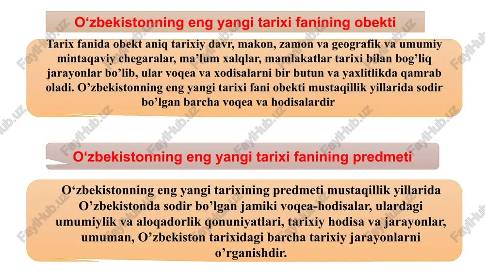 lanishi muhim ahamiyatga egadir. o`zbekistonning eng yangi tarixi istoriya uzbekistana 11 yangi tarix ilmiy fan sifatida quyidagi funktsiyalarni bajaradi: o`zbekistonning eng yangi tarixi istoriya uzbekistana ilmiy-amaliy bilimlarni o'zlashtirish, zamonaviy o'zbekiston hududida jamiyatning tarixiy rivojlanishini turli ilmiy nazariy-uslubiy yondashuvlar va tushunchalar orqali ko'rish qobiliyatidan iborat bilim va o'quv funksiyasi talabaning mustaqil ishlashi, ma'lumot izlash, turli xil manbalar bilan ishlash, ularni baholash, tizimlashtirish, talqin qilish va tahlil qilish ko'nikmalarini shakllantirish bilan bog'liq. siyosiy funktsiya tarixiy faktlarni nazariy tushunishda va jamiyat rivojlanish qonuniyatlarini aniqlashda namoyon bo'ladi, bu ilmiy asoslangan siyosiy yo'nalishni rivojlantirishga yordam beradi. ta'lim funktsiyasi shundan iboratki, tarixiy bilimlar insonning fuqarolik pozitsiyasini shakllantirishga yordam beradi (vatanparvarlik, insonparvarlik, bag'rikenglikni tarbiyalashda namoyon bo'ladi), u shaxs va xalqning jamiyat rivojlanishidagi rolini ko'rsatadi va tarix rivojlanishi jarayonida insoniyatning axloqiy qadriyatlari qanday shakllanganligini ko'rishga imkon beradi. 12 tarix jamiyat ma'naviyatining asosidir va tarixiy xotiraga ega bo'lgan kishi jamiyatimizga begona bo'lgan har qanday g'oyalarning ta'siriga qarshi tura oladi. …
