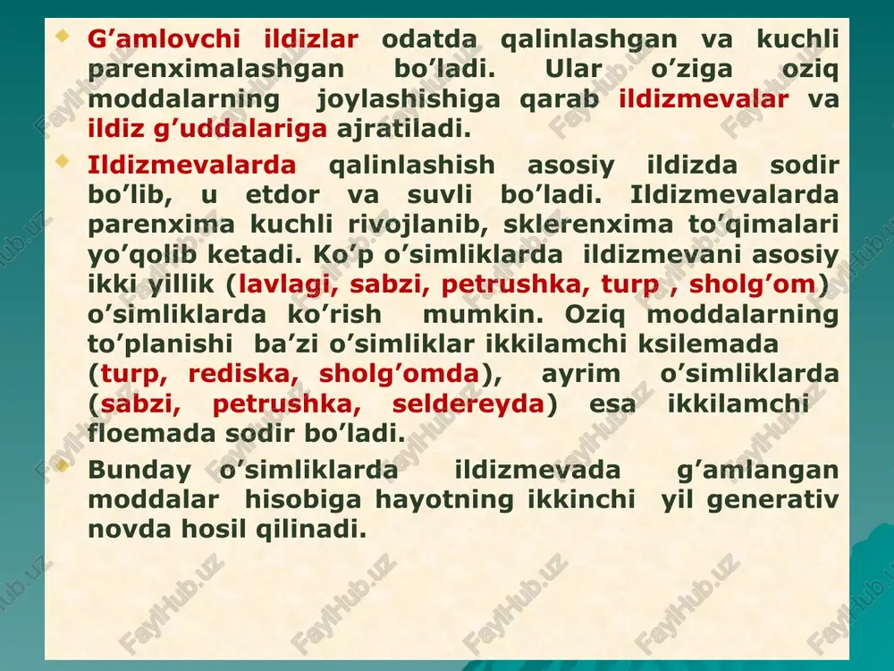 iz tugunak, tayanch ildizlar, havo ildizlar d. ildizpoya, piyozbosh, ildiz meva tayanch ildizlar nazorat savollari metamorfozlashgan ildizlar? a. irsiy jixatdan turg'un emas v. irsiy jixatdan turg'un s. naslda saqlanmaydi d. irsiy jixatdan turg'un va nasldan- naslga beriladi. nazorat savollari mikoriza nima? a. hujayraning oddiy bo'linishi v. alohida yashovchi hujayralar s. ildiz meva d. o'simliklar ildizlarida zamburug' larni simbioz holda yashashi. e'tiboringiz uchun raxmat!