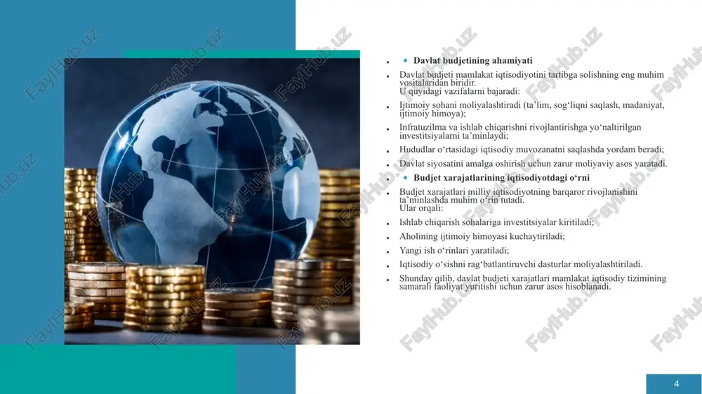 lantiradi. 11 🔹 asosiy yo‘nalishlariqtisodiy rivojlanish xarajatlari quyidagi yo‘nalishlar bo‘yicha amalga oshiriladi:sanoat va ishlab chiqarish – texnologik modernizatsiya, yangi korxonalar qurilishi, eksport salohiyatini oshirish.qishloq xo‘jaligi – suv resurslarini tejash, agrotexnika, urug‘chilik va chorvachilikni rivojlantirish.transport va infratuzilma – avtomobil yo‘llari, temir yo‘l, metro, elektr tarmoqlari va kommunikatsiyalarni kengaytirish.energetika sektori – qayta tiklanadigan energiya manbalarini joriy etish, elektr stansiyalarini modernizatsiya qilish.hududiy rivojlanish – viloyatlar va tumanlarda sanoat zonalari, logistika markazlari va turizm infratuzilmasini rivojlantirish. 🔹 investitsiya xarajatlari dinamikasi 🔹 samaradorlik va muammolar so‘nggi yillarda o‘zbekistonda davlat investitsiya dasturlari hajmi sezilarli darajada oshgan: 2021-yilda davlat investitsiya loyihalari uchun 23 trln so‘m ajratilgan bo‘lsa, 2022-yilda bu ko‘rsatkich 27 trln so‘mga, 2023-yilda esa 32 trln so‘mdan oshgan. bu mablag‘lar asosan energetika, transport, sanoat, ta’lim va sog‘liqni saqlash infratuzilmasiga yo‘naltirilgan. 12 iqtisodiy va investitsion xarajatlar ko‘payganiga qaramay, ayrim muammolar mavjud:loyihalarning iqtisodiy samaradorligi yetarlicha baholanmasligi;mablag‘larning o‘zlashtirilishi kechikishi;hududiy nomutanosibliklar. 13 xulosa o‘zbekiston respublikasi davlat budjeti mamlakat ijtimoiy-iqtisodiy rivojlanishining …