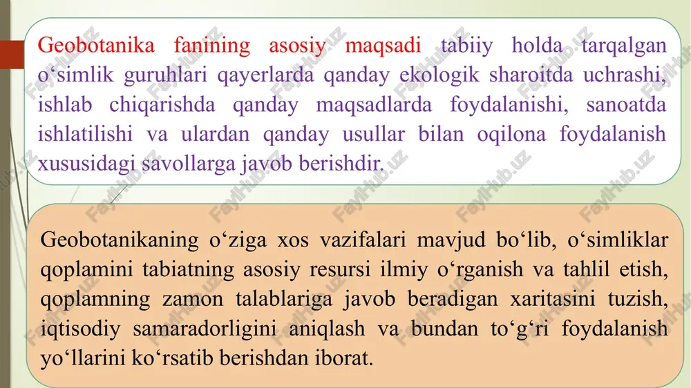 eb ko‘rsatdi. ularning bundan keyingi maqolalarida bu bahsga yakun yasaldi. xx asrning ikkinchi yarmidan boshlab o‘rta osiyo, kavkazorti, uzoq shimol o‘lkalarini o‘zlashtirish maqsadida yirik hajmli geobotanik yo‘nalishdagi tekshirish ishlari olib borildi. yirik universitetlarda geobotanika kafedralari tashkil etildi. ye.m.lavrenko boshchiligida “polevaya geobotanika” nomli ko‘p jildli asarning birinchi jildi 1959 yil nashr ettirildi. o‘zbekistonda ham geobotanika fanining o‘ziga xos bosqichlari bo‘lib, o‘zbekistonlik olimlarning bu sohadagi ilmiy ishlari dunyo geobotanika faniga qo‘shilgan hissadir. o‘zbekiston va o‘rta osiyoda unga yondosh hududlarda dastlabki botanik-geografik va geobotanik tekshirishlar x1x asrda boshlandi. aleksandr leman 1841 yilda buxoro va samarqand atroflarida, zarafshon daryosining yuqori oqimidan ko‘plab botanik materiallar to‘pladi. ushbu yig‘ilgan materiallanga asoslanib i.g.borshov 1865 yilda zarafshon vodiysini alohida botanik geografik rayonga ajratdi. o‘rta osiyo cho‘llari shimoliy rayonlarining o‘simliklar formatsiyalarini o‘rganish natijasida,o‘simliklar qoplami mustaqil,avtoxton yo‘l bilan paydo bo‘lib rivojlanganligini isbotladi. o.a.fedchenko zarafshon vodiysida 1868-1871 yillarda tekshirishlar olib borib, bir yarim mingga yaqin o‘simlik turlarini aniqladi. a.b.bunakovskiy 1873-1874 yillarda …