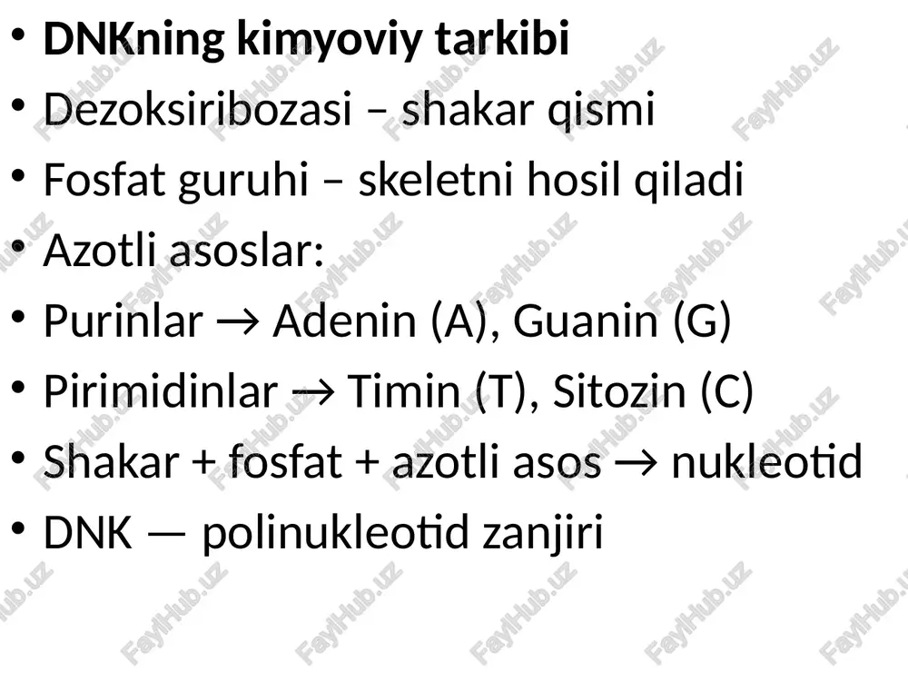 lfa) primer sintezi, replikatsiya boshlanishi 5’→3’ δ (delta) kechikish (lagging) zanjirni sintezlaydi 3’→5’ tuzatish (proofreading) ε (epsilon) etakchi (leading) zanjirni sintezlaydi 3’→5’ tuzatish (proofreading) γ (gamma) mitoxondrial dnkni replikatsiya qiladi 3’→5’ tuzatish (proofreading) β (beta) dnkni ta’mirlashda ishtirok etadi — 6-slayd. fermentativ faollik turlari 5’→3’ polimeraza faolligi – yangi dnk zanjirini hosil qiladi. 3’→5’ ekzonukleaza faolligi – xatolikni tuzatadi (proofreading). 5’→3’ ekzonukleaza faolligi – rnk primerlarini olib tashlaydi. (nelson & cox, 2017. lehninger principles of biochemistry) 7-slayd. tuzatish (proofreading) mexanizmi dnk polimeraza xato qo‘shilgan nukleotidni aniqlaydi. 3’→5’ ekzonukleaza faolligi orqali uni olib tashlaydi. har 10⁹ ta nukleotidda atigi 1 ta xato saqlanadi. 📚 (watson et al., 2014. molecular biology of the gene) 8-slayd. biotexnologik ahamiyati dnk polimerazalar pcr (polimeraz zanjir reaksiyasi) asosidir. taq-polimeraza – yuqori haroratga chidamli ferment. pfu va q5-polimerazalar – yuqori aniqlikda sintezni ta’minlaydi. genetik injiniring, dnk diagnostikasi va klonlashda qo‘llaniladi. 📚 (mullis, 1990. nobel lecture) 9-slayd. xulosa …