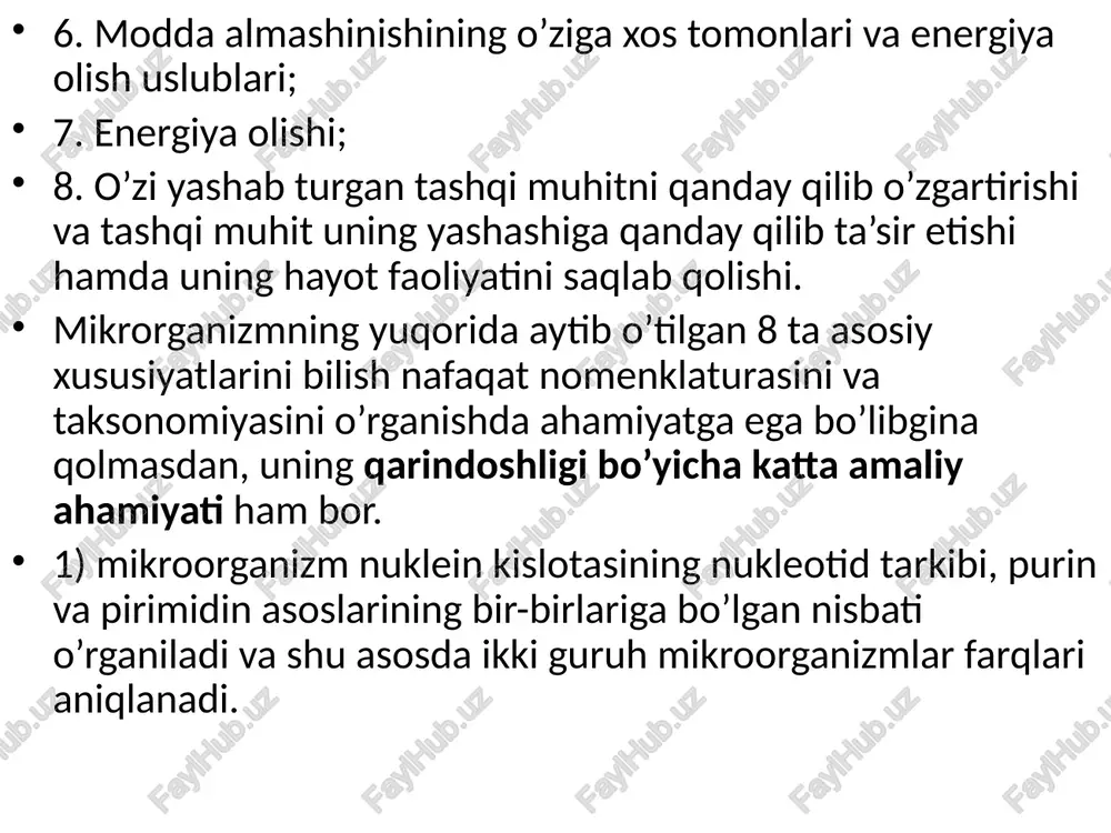 vorining bor-yo’qligi, tarkibi va ularning turiga qarab bo’limlarga, undan boshqa taksonomik kategoriyalarga (prokariotlar dunyosi, bo’lim, sinf, tartib, oila, avlod, tur) mikroorganizmlarning morfologiya, fiziologo-biokimyoviy belgilari yig’indisiga qarab bo’lingan. ushbu tasnif butunlay 1. gramm bo'yash, 2. endospora mavjudligi, 3. umumiy shakli, 4. harakatchanligi, 5. morfologiyasi va 6. energiya ishlab chiqarish usuliga asoslangan edi. bergey qo'llanmasining birinchi nashri butunlay fenotipik bo'lsa-da, ikkinchi nashri dnk, rnk va oqsil kabi filogenetik (genetik) belgilarga asoslangan. demak, bergi procariotae dunyosini to’rt bo’limga ajratadi (2-rasm). https://byjus.com/biology/bergeys-classification-of-bacteria/ 2015 yildan beri qoʻllanma bergeyning arxeya va bakteriyalarning sistematik qoʻllanmasi bilan almashtirildi va internetda mavjud. 2-rasm. devid xendriks bergey (1860-1937) bergey's classification of bacteria bergey tomonidan bakteriyalar tasnifi devid xendriks bergey (1860-yil 27-dekabrda 1937-yil 5-sentabrda) devid xendriks bergey 1860-yil 27-dekabrda pensilvaniya shtatining montgomeri okrugidagi shippak posyolkasidagi mennonit yig‘ilish uyi fermasida tug‘ilgan. u pensilvaniya universitetiga borib, 1884 yilda luis paster va robert koxning kashfiyotlari amerika bakteriologiya doiralarida ko'p muhokamalarga sabab bo'lgan bir paytda …