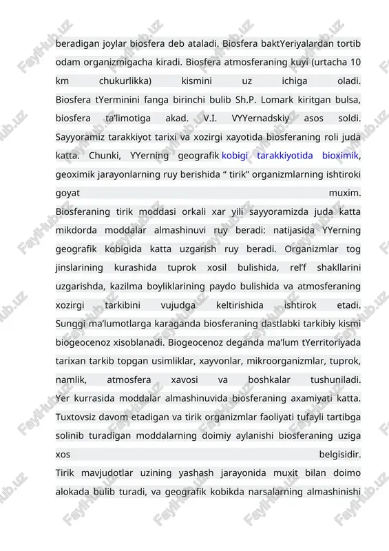 rafik kobikda narsalarning almashinishi vujudga keladi. bu biologik aylanish deb yuritiladi. biosferada tirik mavjudotlarning massasi 2,7. 1012 tonnaga teng bulib ular fotosintez orkali xar yili 0,2 . 109 tonna usadi, yiliga shuncha tirik mavjudot xalok buladi. atmosfera sarf buladigan kislorod urni fotosintez jarayoni natijasida tuldirilib turiladi. usimliklar korbonat angidridni yutib turadi . biosferada suvning almashinuvi tirik moddalarga katta ta’sir kursatadi. biosferadagi organizmlar azot, koliy, kremniy, fosfor, oltingugurt va boshkalarni aylanib yurishda xam ishtirok etadi. biosferada tirik organizmlar massasining 94,5% usimliklar biomassasiga tugri keladi. sayyoramizda tirik organizm xayoti geografik muxit bilan chambarchas boglik bulib ular muxitga moslashib rivojlanib boradi. tirik organizm bilan geografik muxitning uzaro munosabatlarini maxsus fan ekologiya fani urganadi. tirik organizmni urab turadigan uning xolatiga rivojlanishga kupayishga ta’sir etuvchi elementlar ekologik omillar deb ataladi. geografik muxitning organizmga ta’sir etuvchi ekologik omillarini abiotik, biotik va antropogen kabi omillarga ajratish mumkin. abiotik omillar bu tirik organizmga bilvosita yoki bevosita ta’sir etuvchi …
