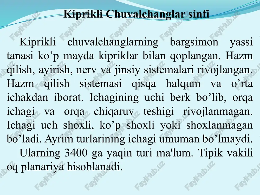 tajribada planariya gavdasi 279 bo’lagining har biri toliq organizmga aylanganligi ko’rilgan. dengizlarda yashovchi ko’p shoxli kiprikli chuvalchanglar metamorfoz, ya'ni ozgarish orqali rivojlanadi. tuxumdan chiqqan lichinkasi tuxumsimon shaklda, ichagi xaltaga o’xshash bo’lib, myullerov lichinka deyiladi. lichinka boshliq ichlilar tuzilishiga xos radial simmetriya belgilariga ega; uning tanasi o’rta qismida (ogzi oldida) 8 ta uzun o’simtalar osilib turadi. tanasi sirtida mayda kipriklar, o’simtalar qirralarida uzun kipriklar joylashgan. lichinka biroz suzib yurib, suv tubiga yopishadi va voyaga etadi. so’rg’ichlilar sinfi so’rg’ichlar, germafrodit, miratsidiy, rediy, serkariy, sista, asosiy va oraliq xojayin jigar qurti, qon so’rg’ichlisi, mushuk so’rg’ichlisi. so’rg’ichlilarning tanasi bargsimon; qalin kutikula qobiq bilan qoplangan. parazit yashaydi. og’iz va qorin so’rg’ichlari rivojlangan. hazm qilish, ayirish, nerv va jinsiy sistemasi rivojlangan. ichagi ikki shoxli. orqa ichagi va orqa chiqaruv teshigi bo’lmaydi. rivojlanishi asosiy va oraliq xojayinda otadi. voyaga yetgan so’rg’ichlilar hayvonlarning ichki organlari, asosan hazm qilish sistemasida, lichinkasi umurtqasizlar, ba'zan umurtqali hayvonlar tanasida ichki parazit. 7200 …