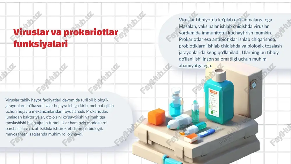 a samarali qo'llanilishi bilan birga, kasalliklarni erta aniqlash va davolashda katta ahamiyatga ega bo'ladi. swot tahlili: kuchli tomonlar: innovatsion yondashuvlar; zaif tomonlar: narxlar; imkoniyatlar: yangi tadqiqotlar; tahdidlar: raqobat. xulosa viruslar va prokariotlar o'rtasidagi asosiy farqlar viruslarning tuzilishi, ko'payish usullari va prokariotlarning hujayra tuzilishi bilan bog'liq. viruslar, hujayra ichida ko'payishni talab qiladigan parazitlar sifatida, o'z o'zini ko'paytirish imkoniyatiga ega emaslar, prokariotlar esa mustaqil hayot kechirishadi va ko'payish uchun shart-sharoitlar yaratishi kerak. optik asboblar tibbiyotda kasalliklarni aniqlash va diagnostika jarayonlarini takomillashtirishda muhim rol o'ynaydi. ular, masalan, mikroskoplar va endoskoplar yordamida hujayralarni va to'qimalarni o'rganishga imkon beradi, bu esa kasalliklarning erta aniqlanishiga va davolash jarayonining samaradorligini oshirishga yordam beradi. q&a image2.png image3.png image4.png image5.png image1.png image6.png image7.png image8.png image9.png image10.png image12.png image11.png image18.png image19.png