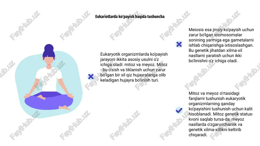 olib keladi. mitoz va meioz o'rtasidagi asosiy farqlar hujayra bo'linishlari soni, ishlab chiqarilgan qiz hujayralar soni va qiz hujayralardagi genetik o'zgaruvchanlikni o'z ichiga oladi. meyozning genetik o'zgaruvchanlikdagi ahamiyati mitoz va meioz - bu eukaryotik organizmlarning ko'payishining ikkita asosiy usuli. mitoz o'sish va ta'mirlash uchun bir xil qiz hujayralarini hosil qilsa-da, meyoz genetik o'zgaruvchanlik uchun juda muhimdir. mitozdan farqli o'laroq, meyoz hujayra bo'linishining ikki bosqichini o'z ichiga oladi, natijada genetik materialning noyob birikmalariga ega haploid gametalar hosil bo'ladi. bu xilma-xillik evolyutsion moslashuv va omon qolish uchun zarurdir. meioz orqali hosil bo'lgan genetik o'zgaruvchanlik turli xil xususiyatlarga ega avlodlarni yaratishga imkon beradi, turlarning o'zgaruvchan muhitda omon qolish imkoniyatlarini oshiradi. meyoz bo'lmasa, organizmlar evolyutsiya uchun zarur bo'lgan genetik xilma-xillikka ega bo'lmaydi. 100 75 50 mitoz va meioz - bu eukaryotik organizmlarning ko'payishida ishtirok etadigan ikkita jarayon. mitoz hujayra bo'linishining bir turi bo'lib, natijada ikkita bir xil qiz hujayralar paydo bo'ladi, meyoz - bu …