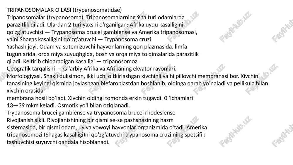 eografik tarqalishi. yer sharining hamma qismida uchraydi. morfologiyasi. lyambliyaning tanasi noksimon ko‘rinishda, uzunhgi 10— 20 mkm keladi. qorin tomondan yassi ko‘rinishda. shu yerida parazitning yopishib turishi uchun xizmat qiladigan organi - so‘rg‘ichlari botadi. tanasining o‘rtasidan ikkita tayanch ipi — aksostillar o‘tgan, ulaming ikki tomonidan simmetrik ravishda ikkita yadro joylashgan. ularda 4 juft xivchinlari bo‘lib, harakat organellasi sifatida xizmat qiladi. hazm organoidlari bo‘lmaydi. rivojlanish sikli. lyambliyalar jinssiz, uzunasiga botinish yo‘li bilan ko‘payadi. ularning hayot sikli vegetativ va sistaga o‘ralgan formalarining almashinib turishidan iborat. vegetativ formalari so‘rg‘ichlari bilan ichak shilliq pardasiga yopishib olgan holda yashaydi. nag 1 sm shilliq pardada bir milliongacha individlar bo‘lishi mumkin. lyambliyalar odam organizmida 30—40 kun yashaydi. lyambliya sistalari odamga oziq-ovqat, ichiladigan suv, iflos qo‘l va boshqa yo‘llar bilan o‘tadi. sistalar o‘n ikki barmoq ichakda yoriladi va undan yangi vegetativ formalar chiqadi. lyamblioz, asosan, yosh bolalarda uchraydi. klinikasi. lyamblioz bilan kasallangan bemorlarda kasallik belgilari aniq ko‘rinmaydi. ba’zida kasallik …