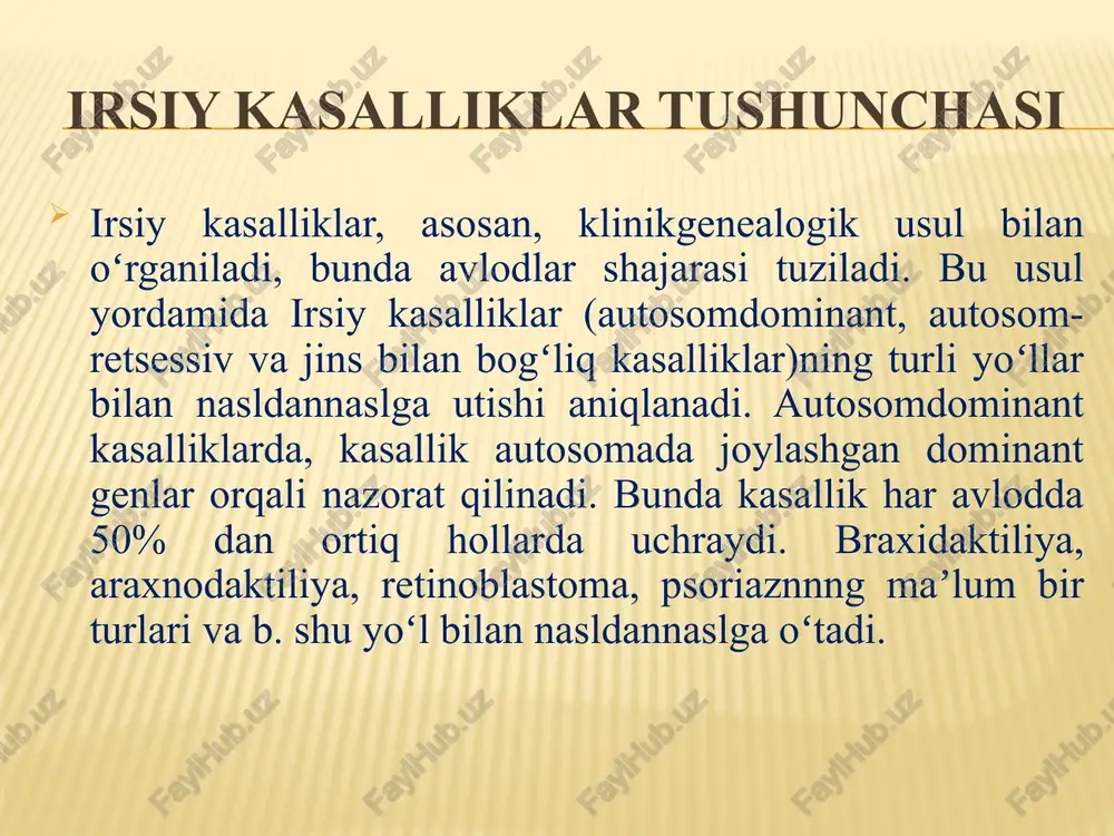yaqin va uzoq qarindosh bilan, shuningdek, yashirin holatda mutant gen tashuvchi kishilar bilan turmush qurmaslikni tavsiya etishdan iborat. tibbiy genetik maslahat tibbiyot-genetika konsultatsiyasi faoliyati dispanser kuzatuvi prinsipiga asoslangan, faqat tekshirish maqsadida yoki kasalligi xuruj qilganda bemorlar maxsus statsionarga yotqiziladi. tibbiyot-genetika konsultatsiyasi talabalar, klinik ordinatorlar, aspirantlar, shuningdek, malakasini oshirayotgan vrach va oʻqituvchilarga tibbiyot genetikasidan ilm beradigan oʻquv bazasi hamdir. image3.jpeg image4.jpeg image5.jpeg image6.jpeg image7.jpeg /docprops/thumbnail.jpeg