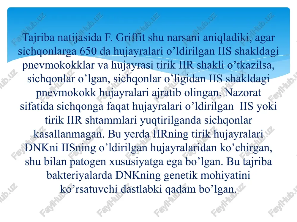 tavsiya etilgan modelga asoslangan holda dj.uotson va f.kriklar genlar birbiridan nukleotid ketma-ketligi bilan farq qiladi, irsiy axborot nukleotidlar ketmaketligiga asoslangan holda yozilgan deb fikr yuritishgan. ko’pchilik organizmlarda dnk molekulasi qo’sh zanjirdan iborat bo’lib, zanjir tekis yoki halqasimon tuzilishga ega. hujayra yadrosining tarkibidagi dnkning umumiy soni har xil turlarda turli miqdorda bo’lib, turdan turga farq qiladi. masalan: sichqonning hujayra yadrosi tarkibidagi dnkning soni ichak tayoqchasi bakteriya hujayra yadrosi tarkibidagi dnk sonidan 600 marta ko’pdir. eukariot organizmlar hujayra yadrosi tarkibidagi dnkning soni solishtirilsa, ularda qandaydir korrelatsiya borligini, ya’ni organizm qancha yuqori taraqqiy etgan bo’lsa, uning hujayra yadrosining tarkibida dnkning soni ko’p bo’lishi aniqlanmagan. masalan, dengiz tipratikani, okun balig’i, shuningdek zig’ir hujayra yadrosida dnkning soni 1,4–1,9 ning oralig’ida bo’ladi. ayrim amfibiyalar hujayra yadrosining tarkibida dnkning soni, odam hujayra yadrosi tarkibidagi dnk sonidan 10–30 marta ko’p. vaholanki, odam baqaga qaraganda ancha murakkab genetik tuzilishga ega. ehtimol bu farq dnk molekulasida ayrim genlar sonining ko’pligida …