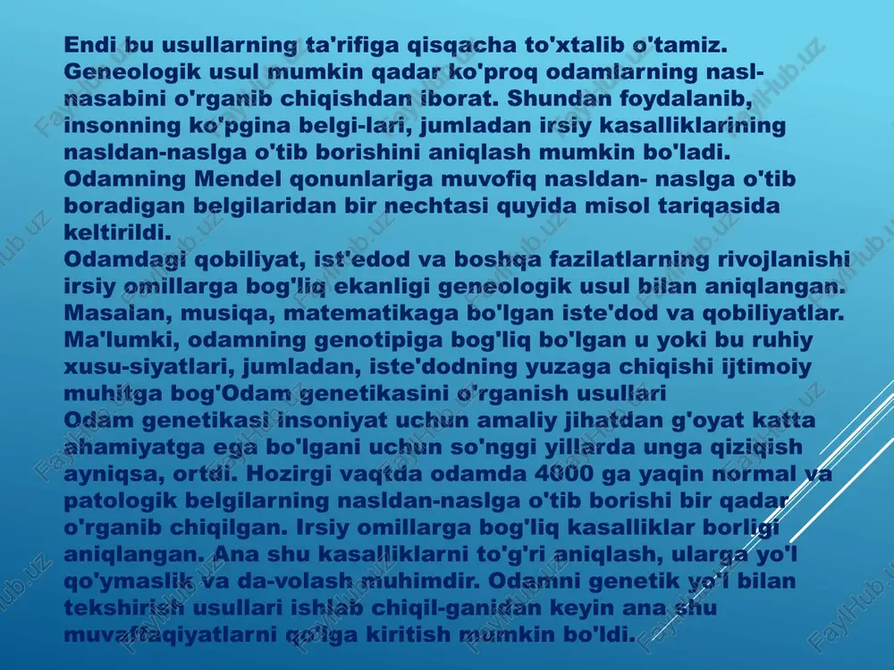 a resessiv hollarda namoyon bo'ladi. domi­nant gen kasalliklari fenotipda aniq yuzaga chiqadi. bunday kasalliklarni davo-lash imkoni bo'ladi. resessiv gen kasalliklari geterozigota holda fenotipda namoyon bo'lmay, yashirin holda faoliyatsiz bo'lib, kasallik rivojlanmaydi. belgilar dominantlar resessivlar jingalak (geterazigotalardataram-taram) soch sochning erta to'kilishi malla bo'lmagan soch qo'yko'z sepkillar pakanalik polidaktiliya (ortiqcha barmoqlar bo'lishi) to'g'ri soch normal malla soch ko'k yoki kulrang ko'z sepkillar bo'lmasligi normal bo'y barmoqlar sonining normal bo'lishi ko'pgina kasalliklar resessiv holda nasldan-naslga o'tishi geneologik usul yordamida aniqlangan. jumladan: qandli diabet, tug'ma karlik, gemofiliya, shizofreniya (og'ir ruhiy kasallik)ning ba'zi formalari. faqat resessiv genlar bilan emas, balki dominant genlar bilan belgilana-digan irsiy kasalliklarni braxidaktiliya yoki kaltabarmoqlik, ko'z shox pardasi-ning ko'rlikka olib keladigan irsiy degeneratsiyasi, sil kasalligiga moyillik kabi-lar ham geneologik usul yordamida nasldan-naslga o'tishi aniqlab chiqilgan. egizaklar usuli belgilarining egizaklarda rivojlanib borishini o'rganishdan iborat. ma'lumki, odamda egizaklar ikki xil bo'ladi. ba'zi hollarda bir emas, balki ikkita (kamdan-kam hollarda uchta va hatto to'rtta) …
