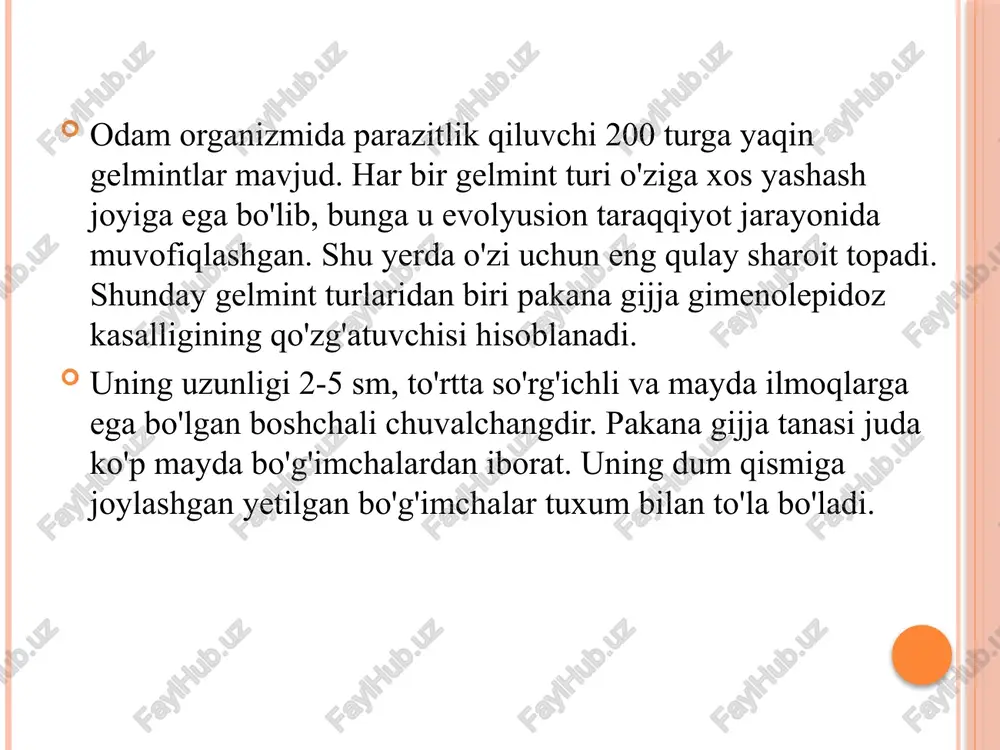di. pufakcha yorilganda birdan kuchli ogʻriq butun tanaga tarqaydi, bemor qaltiraydi, harorati koʻtariladi, eshakemi toshadi, gipereozinofilli leykositoz bo'lib, anafilaktik shok holat kelib chiqadi. pufak yorilganda exinokokkoz boshqa organlarga ham tarqaladi. exinokokk pufagi yiringlab, jigar absessi rivojlanadi, absess yorilib, qorin plevra boʻshligʻiga, oshqozonga, ichakka, bronxga tushadi, allergik reaksiya yuz berib, oʻz vaqtida yordam ko'rsatilmasa anafilaktik shokni keltirib chiqaradi va bemor nobud boʻlishi mumkin. yuqorida ko'rsatilgan simptomlar paydo boʻlsa tezda shifokorga murojaat qiling. hozirgi vaqtda exinokokkoz kasalligiasosan xirrurgik yo'l bilan davolanmoqda. exinokokkoz kasalligining oldini olish chora-tadbirlari qo'yidagilardan iborat: 1.xonaki itlarga pasport olish har 6 oyda veterinariya ko'rigidan o'tkazib turish, itlarni bog'langan holda saqlash, gelmentlarga qarshi dori ichirib turish. 2. kasallik aniqlansa davolatish yoki kasal itni yo'qotish. 3. it saqlash qoidalariga rioya qilish, ya'ni itlarni poliz mahsulotlari ekilgan joylarda oralab yurishiga yo'l qo'ymaslik, shuningdek daydi itlar aniqlansa tezlikda obodonlashtirish boʻlimi xodimlariga xabar berib ularni yoʻqotish choralarini ko'rish. 4. meva-sabzavotlarni, koʻkatlarni iste'mol qilishdan oldin …