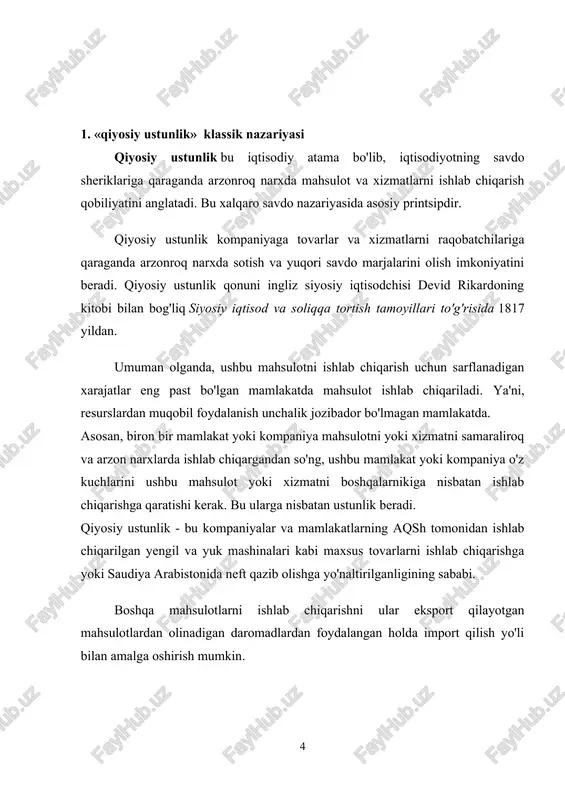 yoki ulkan tabiiy resurslarning mavjudligi tufayli yuzaga kelishi mumkin. boshqa tomondan, turli xil mahsulotlarni ishlab chiqarishdagi afzalliklar (birinchi navbatda ishlab chiqarish sanoatida) amaldagi ishlab chiqarish sharoitlariga bog'liq: texnologiya, ishchilar malakasi, ishlab chiqarishni tashkil etish va hk. tashqi savdo bo'lmagan taqdirda har bir mamlakat faqat shu tovarlarni va u ishlab chiqaradigan miqdorni iste'mol qilishi mumkin. bozorda ushbu tovarlarning narxi ularni ishlab chiqarish milliy xarajatlari bilan belgilanadi. tashqi savdo mavjud bo'lganda vaziyat boshqacha. ishlab chiqarish omillari, foydalaniladigan texnologiyalar, ishchi kuchining malakasi va boshqalarning ta'minotidagi farqlar tufayli turli mamlakatlarda bir xil tovarlarga ichki narxlar har doim farq qiladi. tashqi savdo foydali bo'lishi uchun mahsulotning tashqi bozordagi narxi eksport qiluvchi mamlakatda xuddi shu mahsulotning ichki narxidan yuqori bo'lishi kerak. mamlakatlar tashqi savdodan oladigan foyda iste'molning ko'payishidan iborat bo'ladi, bu ishlab chiqarishni ixtisoslashishi bilan bog'liq bo'lishi mumkin. xulosa: har bir mamlakat eksklyuziv (mutlaq) ustunlikka ega bo'lgan mahsulot ishlab chiqarishga ixtisoslashishi kerak. d. rikardoning nisbiy ustunlik …