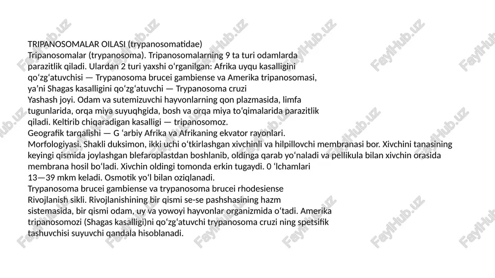 eografik tarqalishi. yer sharining hamma qismida uchraydi. morfologiyasi. lyambliyaning tanasi noksimon ko‘rinishda, uzunhgi 10— 20 mkm keladi. qorin tomondan yassi ko‘rinishda. shu yerida parazitning yopishib turishi uchun xizmat qiladigan organi - so‘rg‘ichlari botadi. tanasining o‘rtasidan ikkita tayanch ipi — aksostillar o‘tgan, ulaming ikki tomonidan simmetrik ravishda ikkita yadro joylashgan. ularda 4 juft xivchinlari bo‘lib, harakat organellasi sifatida xizmat qiladi. hazm organoidlari bo‘lmaydi. rivojlanish sikli. lyambliyalar jinssiz, uzunasiga botinish yo‘li bilan ko‘payadi. ularning hayot sikli vegetativ va sistaga o‘ralgan formalarining almashinib turishidan iborat. vegetativ formalari so‘rg‘ichlari bilan ichak shilliq pardasiga yopishib olgan holda yashaydi. nag 1 sm shilliq pardada bir milliongacha individlar bo‘lishi mumkin. lyambliyalar odam organizmida 30—40 kun yashaydi. lyambliya sistalari odamga oziq-ovqat, ichiladigan suv, iflos qo‘l va boshqa yo‘llar bilan o‘tadi. sistalar o‘n ikki barmoq ichakda yoriladi va undan yangi vegetativ formalar chiqadi. lyamblioz, asosan, yosh bolalarda uchraydi. klinikasi. lyamblioz bilan kasallangan bemorlarda kasallik belgilari aniq ko‘rinmaydi. ba’zida kasallik …