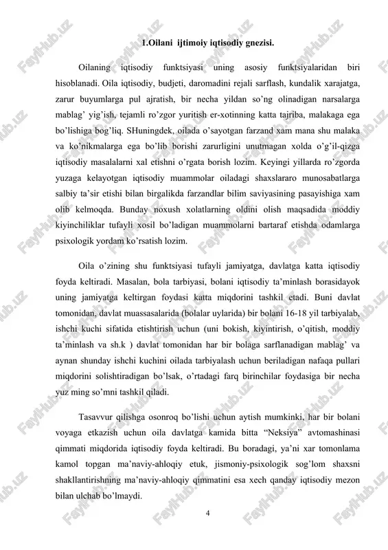 l qiladi. tasavvur qilishga osonroq bo’lishi uchun aytish mumkinki, har bir bolani voyaga etkazish uchun oila davlatga kamida bitta “neksiya” avtomashinasi qimmati miqdorida iqtisodiy foyda keltiradi. bu boradagi, ya’ni xar tomonlama kamol topgan ma’naviy-ahloqiy etuk, jismoniy-psixologik sog’lom shaxsni shakllantirishning ma’naviy-ahloqiy qimmatini esa xech qanday iqtisodiy mezon bilan ulchab bo’lmaydi. bu oilani iqtisodiy funktsiyasini atiga birgina shaxsni shakllantirishdagi foydasini ko’rsatish xolos. oilda xo’jalik yumushlarini yuritish, ro’zgorning yulga kuyilishi, oilada moddiy ne’matlar ishlab chikarish, fermer xujaligi, shaxsiy ishlab chikarish qabilar uning jamiyat oldidagi iqtisodiy funktsiyasi va ahamiyatini tobora ortiraveradi. oilaning reprodiktiv funktsiyasi nimadan iborat? oilaning muhim bo’lgan funktsiyalardan yana biri bu uning reproduktiv (jamiyatning biologik uzluksizligini ta’minlash, bolalarni dunyoga ketirish) funktsiyasidir. bu funktsiyaning asosiy mohiyati inson naslini davom etirishdan iboratdir. oilaning vazifasi faqatgina yangi avlodni dunyoga keltiribgina qolmasdan insoniyat paydo bo’lgan davrdan boshlab yashab kelayotgan ilmiy va madaniy yutuqlari bilan tanishtirgan xolda, ularning salomatligining saqlab turishidan xam iboratdir. tabiatan berilgan avlod qoldirish …